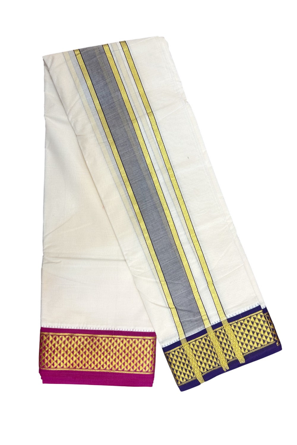 20% DISCOUNT! KaithariKada 100% Cotton Off White - (Unbleached) 100x100 thread - NORTH INDIAN- ATTACHED GAMCHA 9X5 Dhoti 2.75 inch Dark Brown kara with Magenta & Deep Violet Kasavu border - 21KK5196PMC