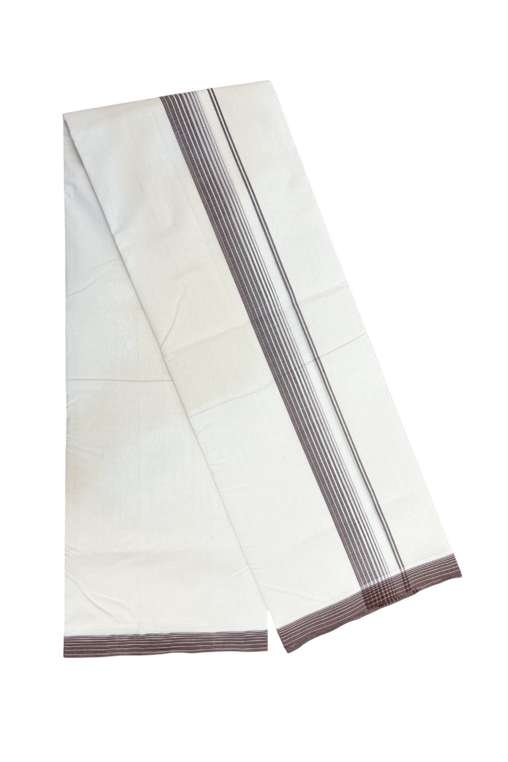 25% DISCOUNT!! KaithariKada HANDLOOM UNAKKUPAAV Balaramapuram - 100% PURE Cotton OFF White - (Unbleached) Double Mundu/Dothi - 80X100 - 1.5 inch Brown Striped Kara 3.80 meter (8.5 Muzham) - 21KK5209 REA