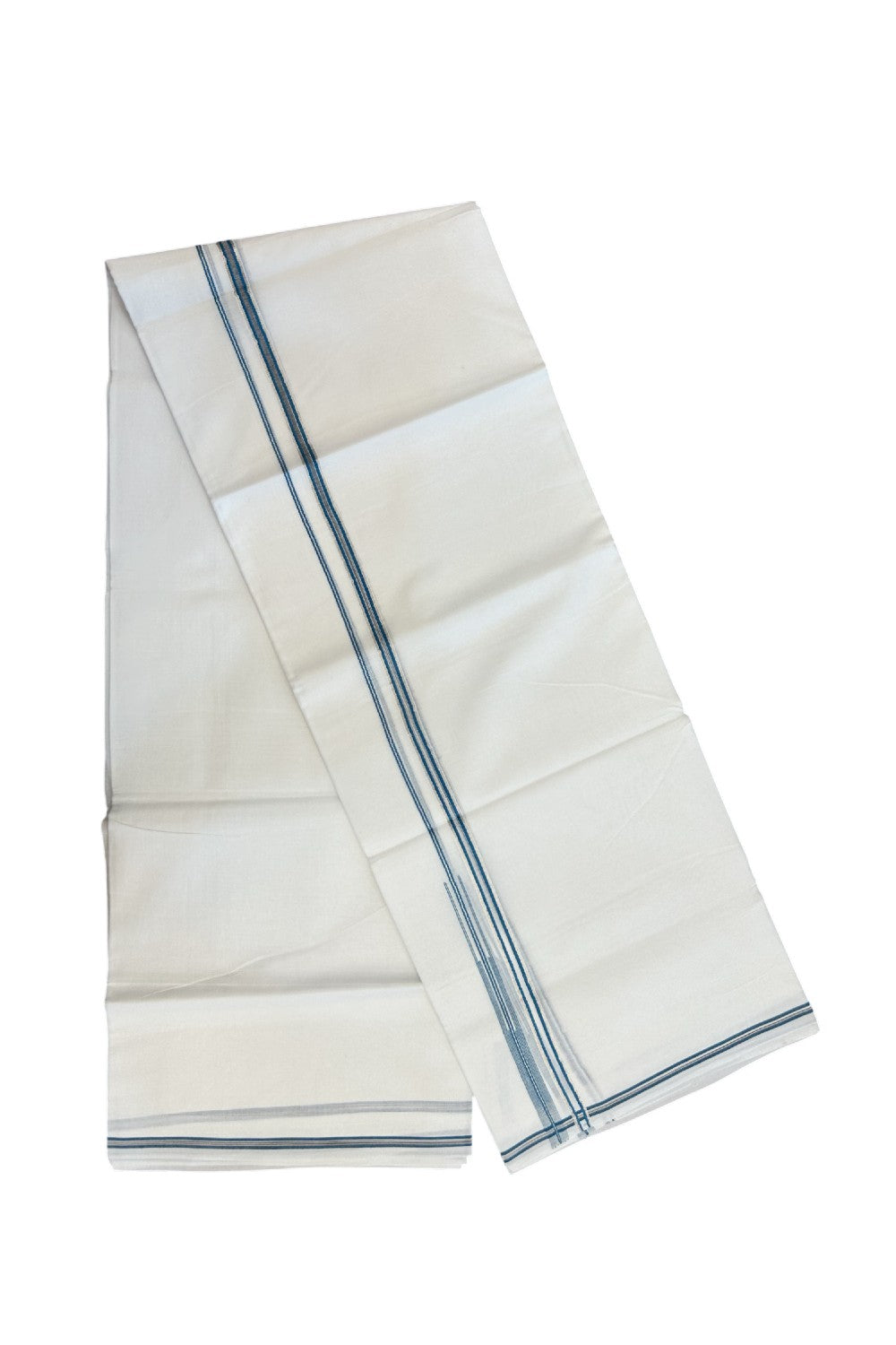 20% Discount !! KaithariKada Balaramapuram Double PURE WHITE Mundu/Dhoti- 100x80 - 1 cm Silver Kasavu Blue Green & Black shaded Puliyilakkara Chutty - 21KK5217 CKS