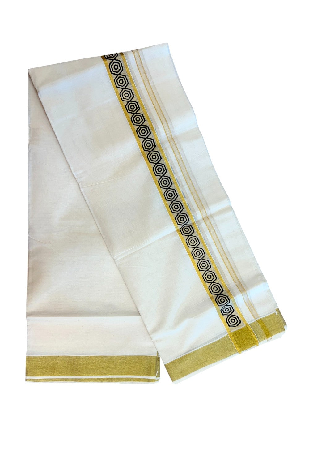 22% Discount!! KaithariKada Balaramapuram 100% Cotton DOUBLE OFF WHITE - (Ubleached) Mundu/Dhoti - 80x90 - 1.5 inch Gold Kasavu with Black Printed Design Kara - 21KK5219 GAN