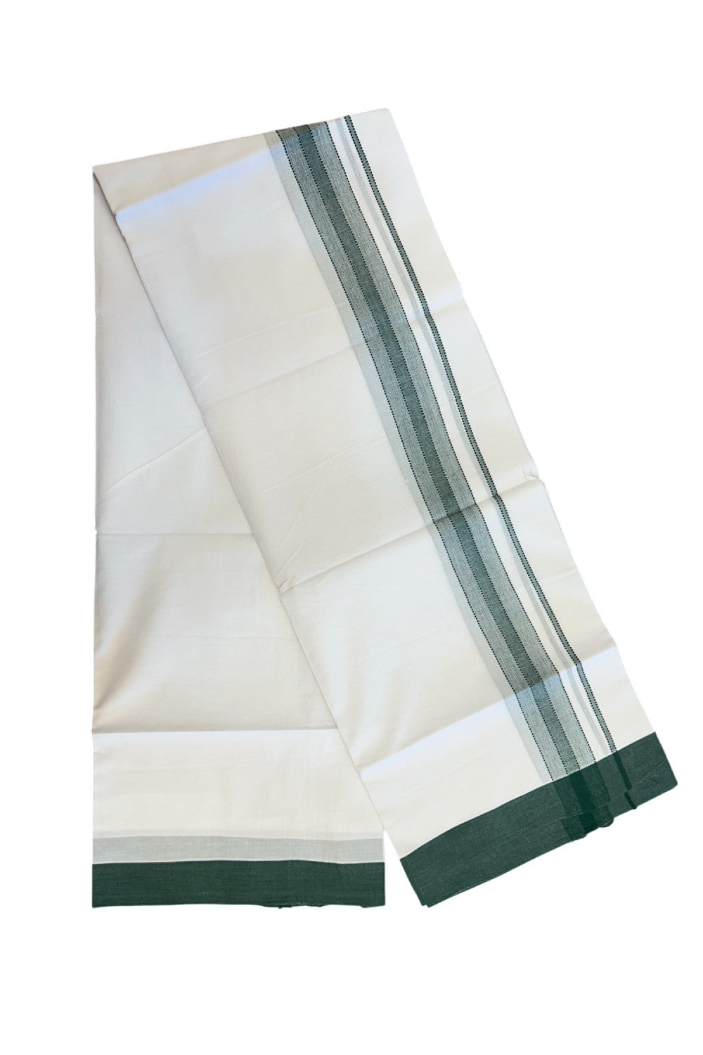 20% DISCOUNT! KaithariKada Balaramapuram 100% Cotton Double Pure white Mundu/Dhoti- 100x80 - 1.5 inch Green Shaded Striped Kara - 3.78mtr ( 8 muzham) - 21KK5227 PMC