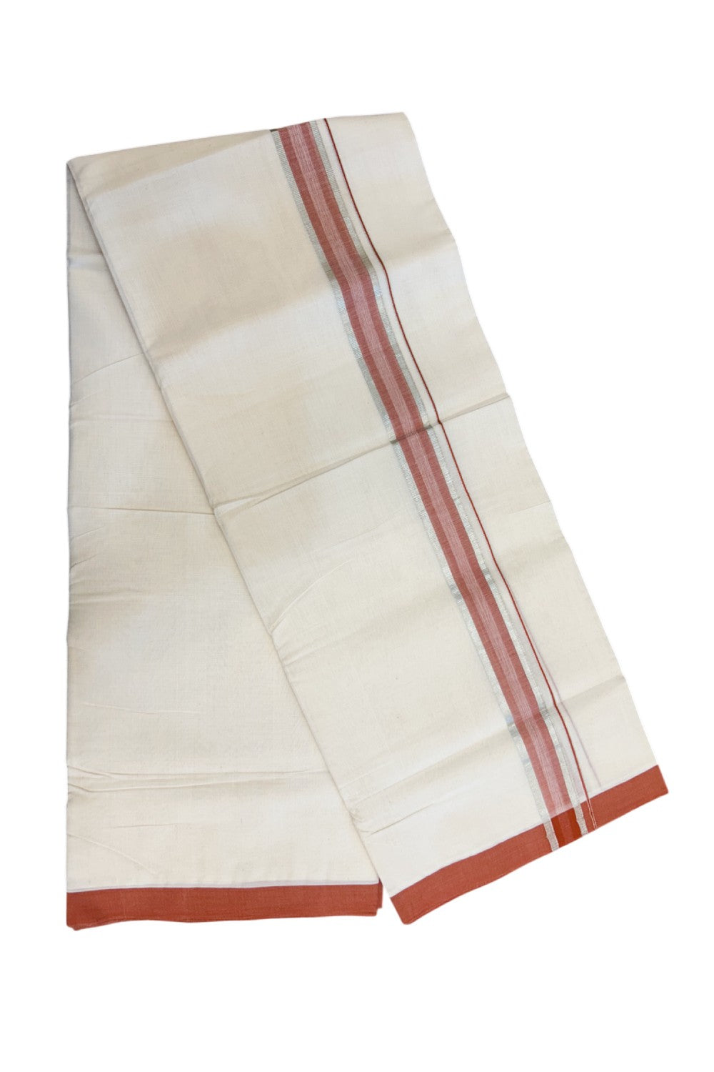 25% Discount! KaithariKada HANDLOOM MILLPAAV Balaramapuram - 100% PURE Cotton OFF WHITE (Unbleached) Double Mundu/Dhoti - 80x90 - 1.5 inch Silver kasavu Rust orange shaded kara 4 Mtr (8.5 Muzham) - 21KK5235 YAR