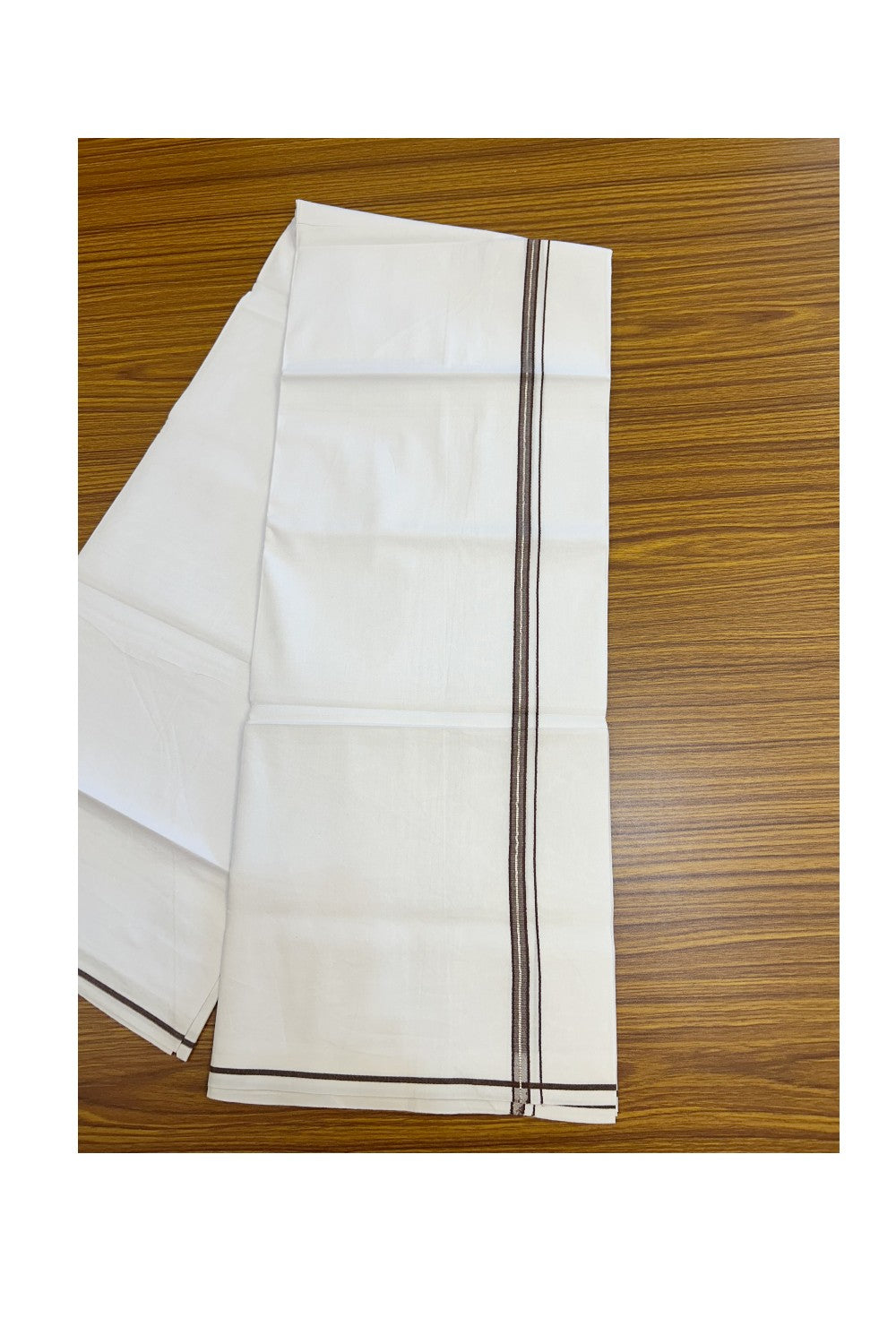 24% Discount !! KaithariKada Balaramapuram 100% Cotton Pure white Single Mundu/Dhoti - Twisted 60s Thread- 1 cm Silver Kasavu & Brown Kara (2 meter / 4 muzham) - 21KK5241 GL