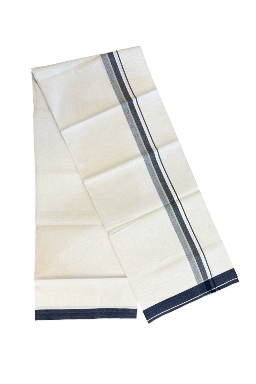 24% Discount !! KaithariKada Balaramapuram 100% Cotton OFF WHITE (Unbleached) Single Mundu/Dhoti - Twisted 60s Thread - 1 inch Navy Blue & White shaded Light Yellow green striped Kara (2 meter / 4 muzham) - 50KK5241 GL