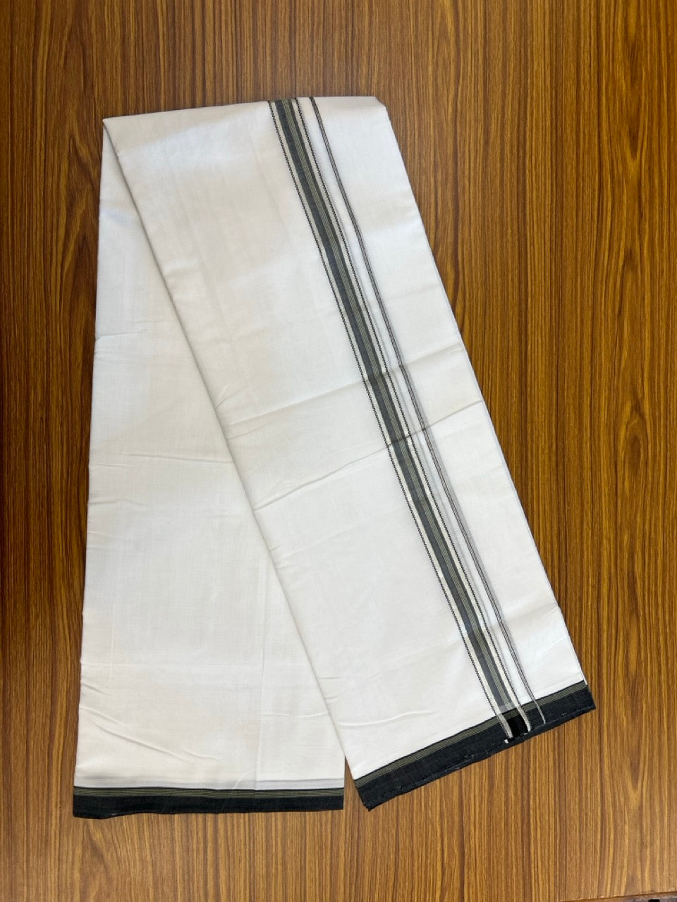 25% Discount!! NEW ULTRA PURE WHITE HANDLOOM Balaramapuram - 100% MERCERISED Cotton Double Mundu/Dhoti - 120 twisted warp x 80s weft - Green Black Silver Kasav Kara- 21KK5248 REA