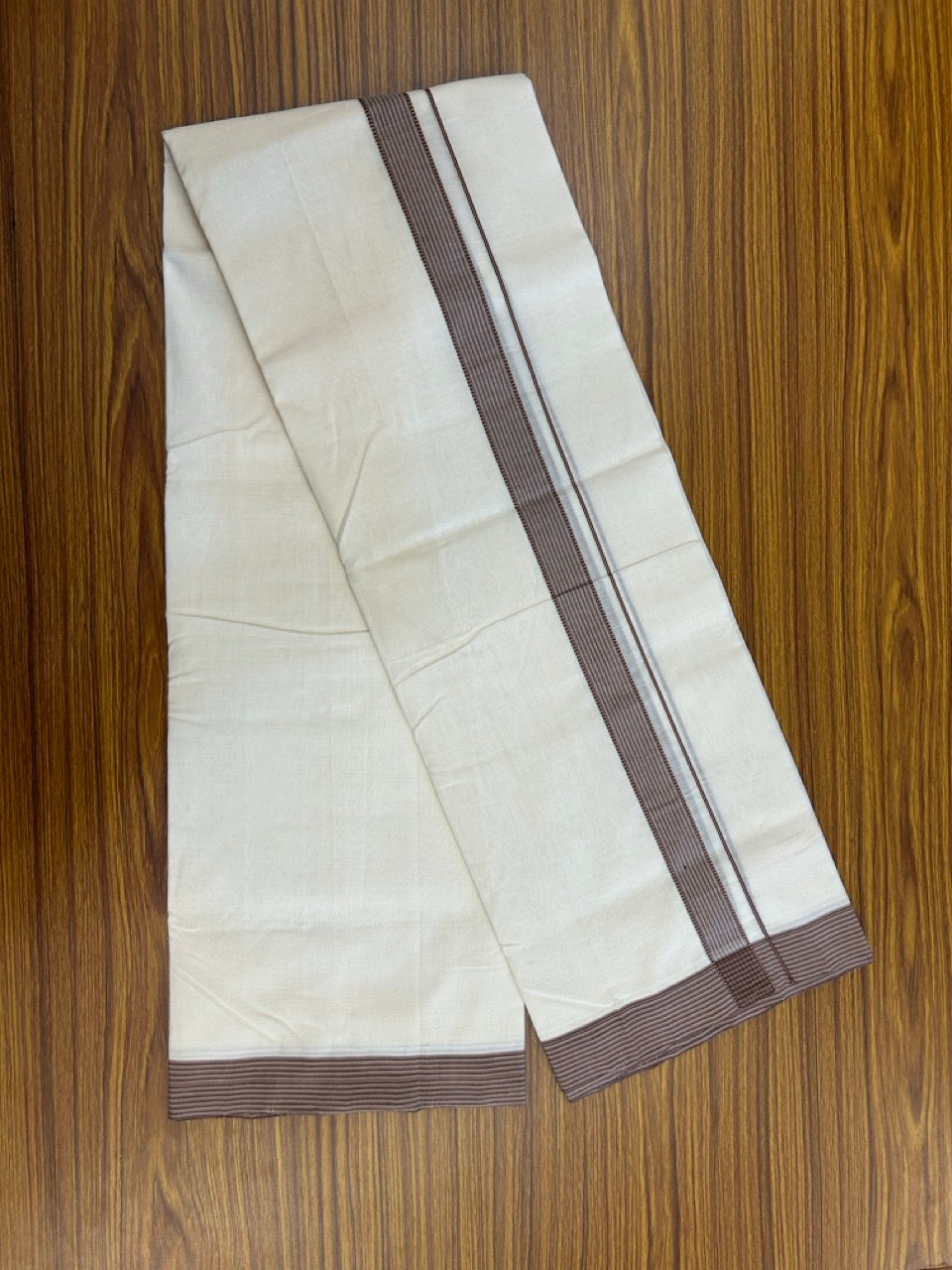 25% Discount! KaithariKada HANDLOOM UNAKKUPAAV Balaramapuram - 100% PURE Cotton OFF White - (Unbleached) Double Mundu/Dothi - 100 x 80 - 1.25 inch Brown Cream Violet Tint Stripes 3.80 meter (8.5 mulam) - 21 KK5249 REA