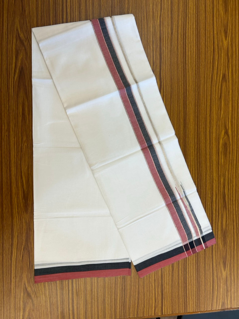 26% Discount ! NEW! KaithariKada Balaramapuram 100% Cotton Pure white Double Mundu/Dhoti - (100x80)s - Red Black Chutty Silver Kasav - 21 KK5252 CKS