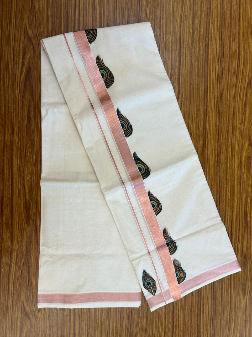 24% Discount! KaithariKada 100% Cotton Double Off white - (Ubleached) Mundu / Dhoti - 100x80 1 inch Copper Silver Kasavu & Hand Painted Peacock - 21 KK5259 CKS