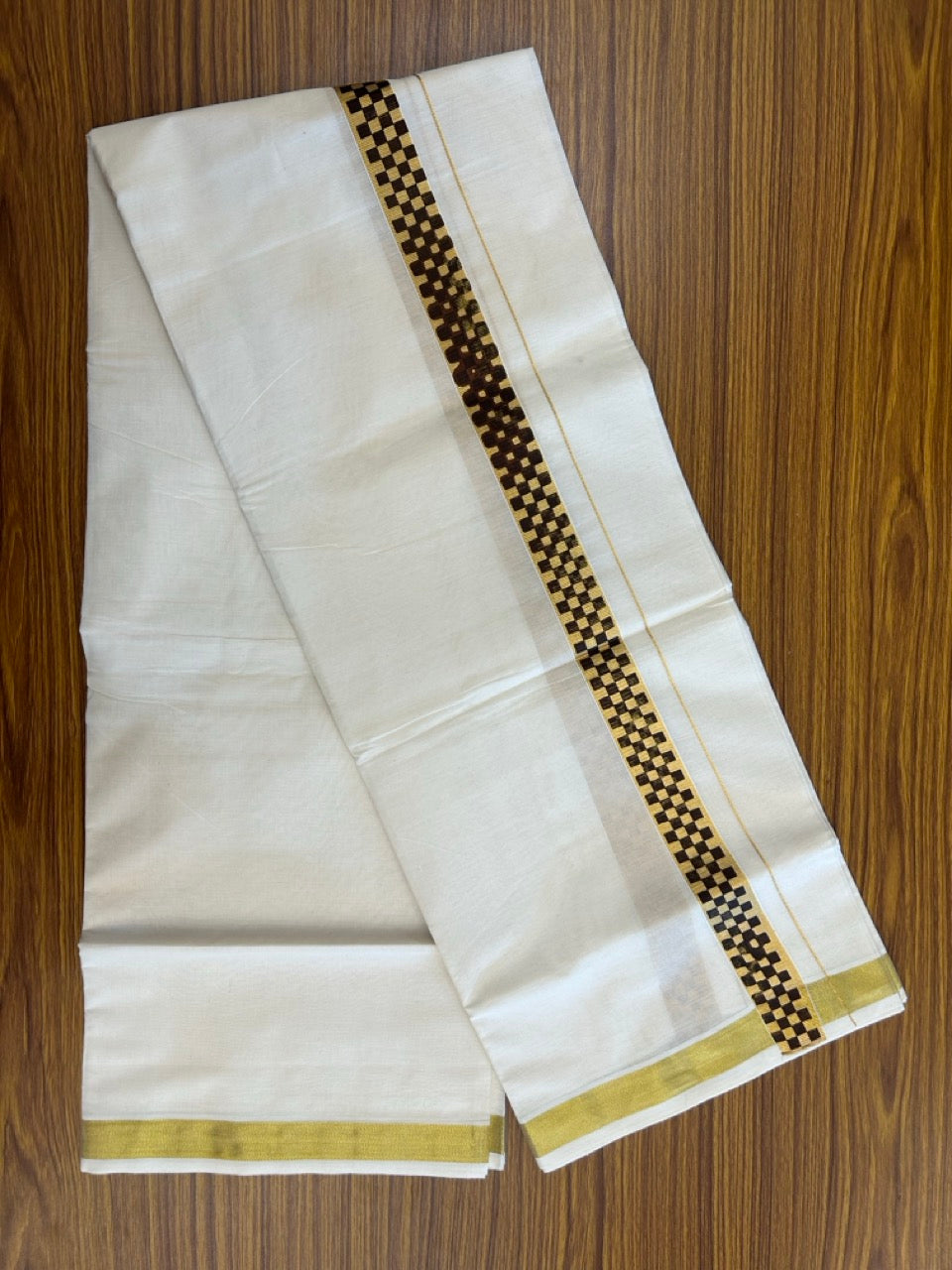 KaithariKada 100% Cotton Double Off White - (Ubleached) Mundu/Dhoti - 80x80 - 1 inch Gold Kasavu & Brown Tribal Printed Design Kara - 4 mtr (8 muzham)- 21 KK5262 STH
