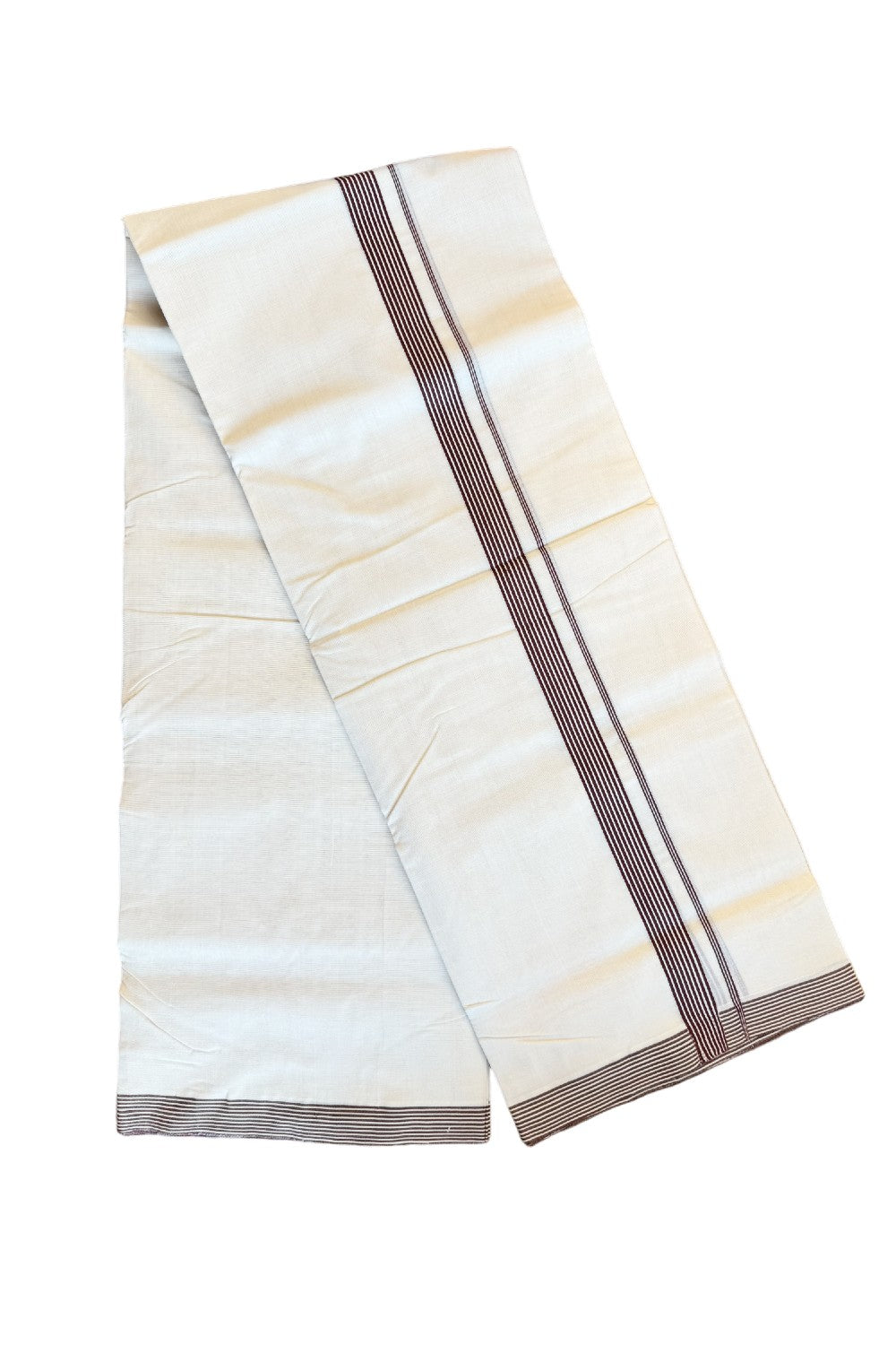 30% DISCOUNT!! KaithariKada HANDLOOM Unakkupaavu Balaramapuram - 100% PURE Cotton OFF White (Unbleached) Double Mundu/Dothi - MAROON Striped 1 inch Kara- KK46SOM-21.