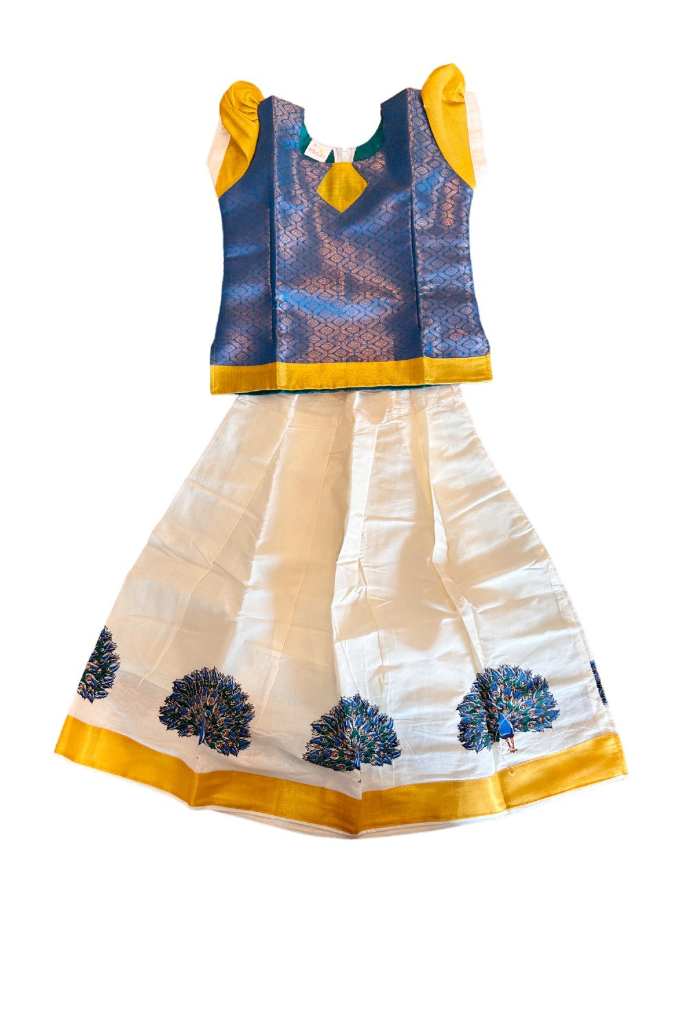 Midukki-Traditional South Indian Kids Pattu Pavada- Peacock blue brocade top offwhite skirt with kasavu peacock print- Age 6 - KK6MID0021