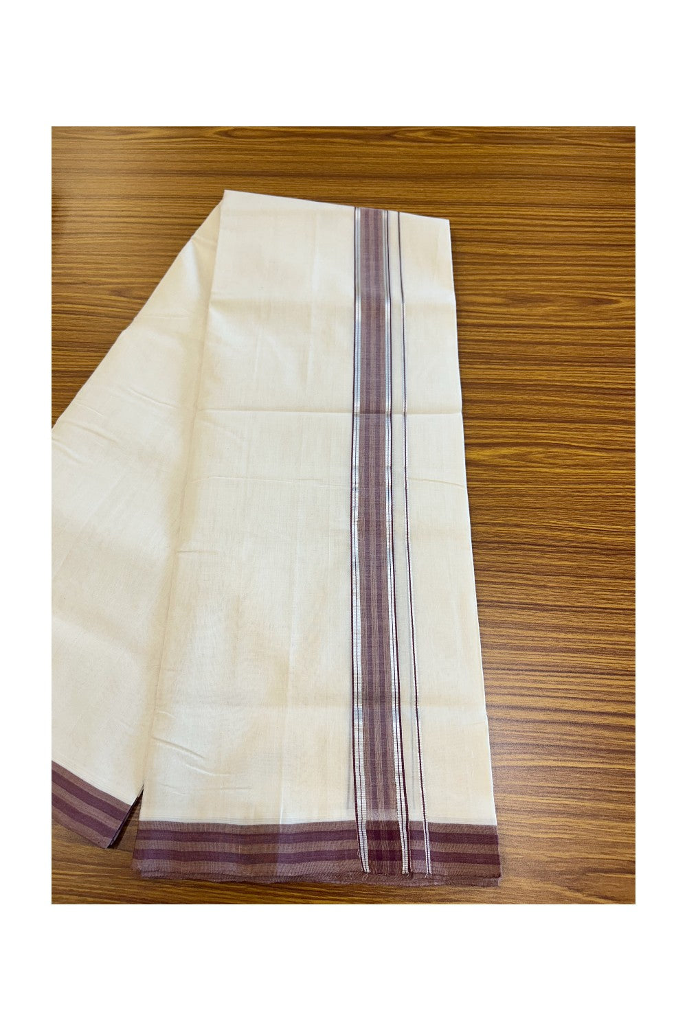 25% Discount!!! KaithariKada HANDLOOM UNAKKUPAAV Balaramapuram - 100% PURE Cotton off white Double - (Unbleached) Mundu/Dhoti - 2 inch Silver kasavu Brown striped kara - 20KK5049REA
