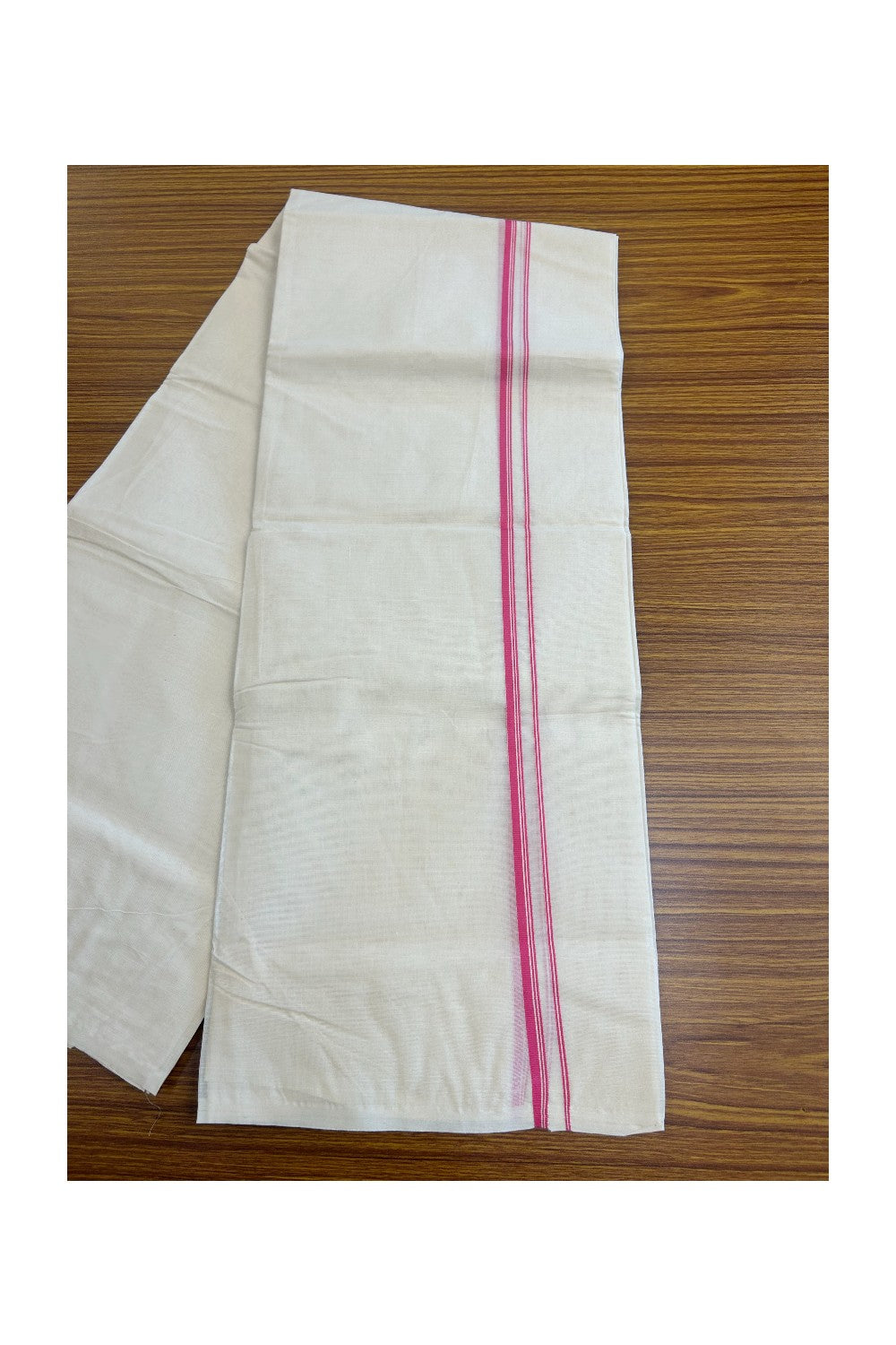 10% Discount ! KaithariKada Balaramapuram 100% Cotton Double Off white (Unbleached) Mundu/Dhoti-100X100-  Dark Pink & Stripes 1.cm  Kara.- 15/1123ASH011.1