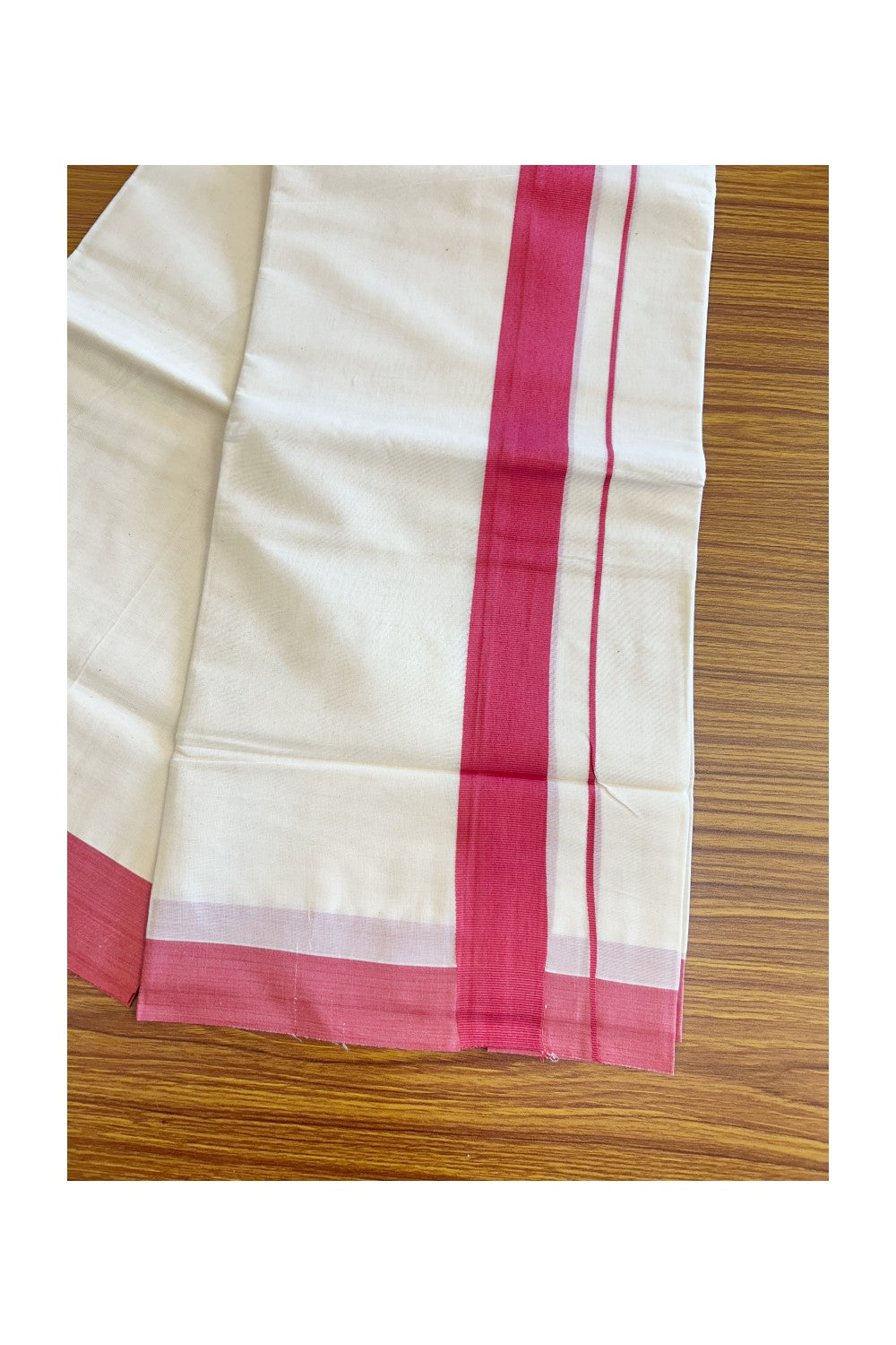 10% Discount! KaithariKada Balaramapuram 100% Cotton Double Off white -(Unbleached) - Mundu/Dhoti-100X100- 2.5 inch Peach Red Kara- 74.