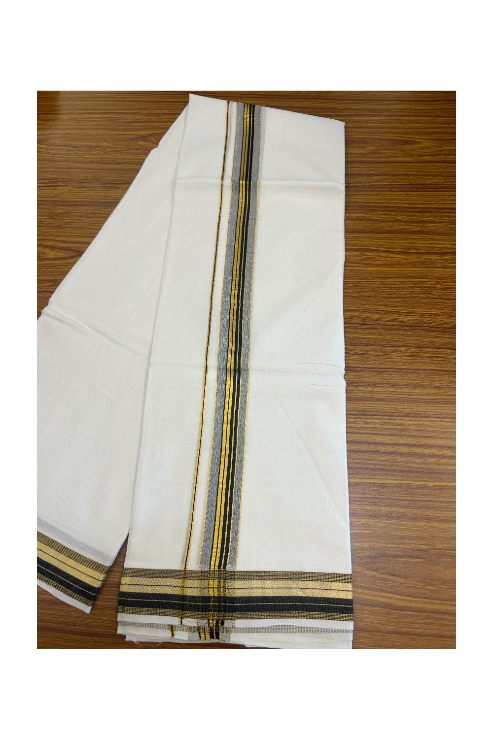 16% DISCOUNT! KaithariKada Balaramapuram 100% Mercerised Cotton Double ULTRA PURE white Mundu/Dhoti - 100x100 1.25 inch Black & Kasavu stripes Kara - 21KK5135GAN