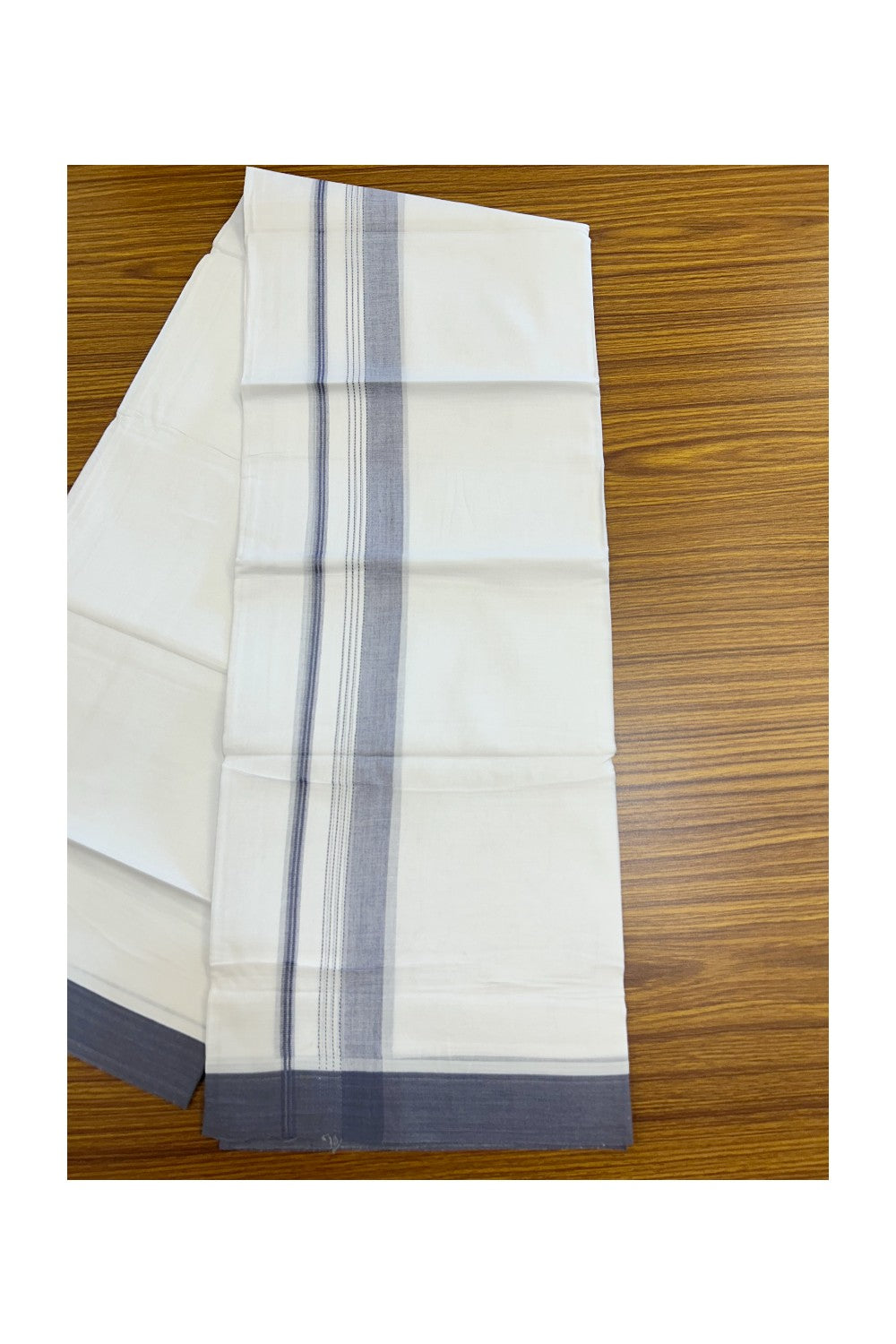 20% Discount ! Kaitharikada Balaramapuram 100% Cotton PURE WHITE Double Mundu/Dothi - 100x80 - 1.5 inch Purple Ash Shaded Striped Kara - 21KK5183VIN