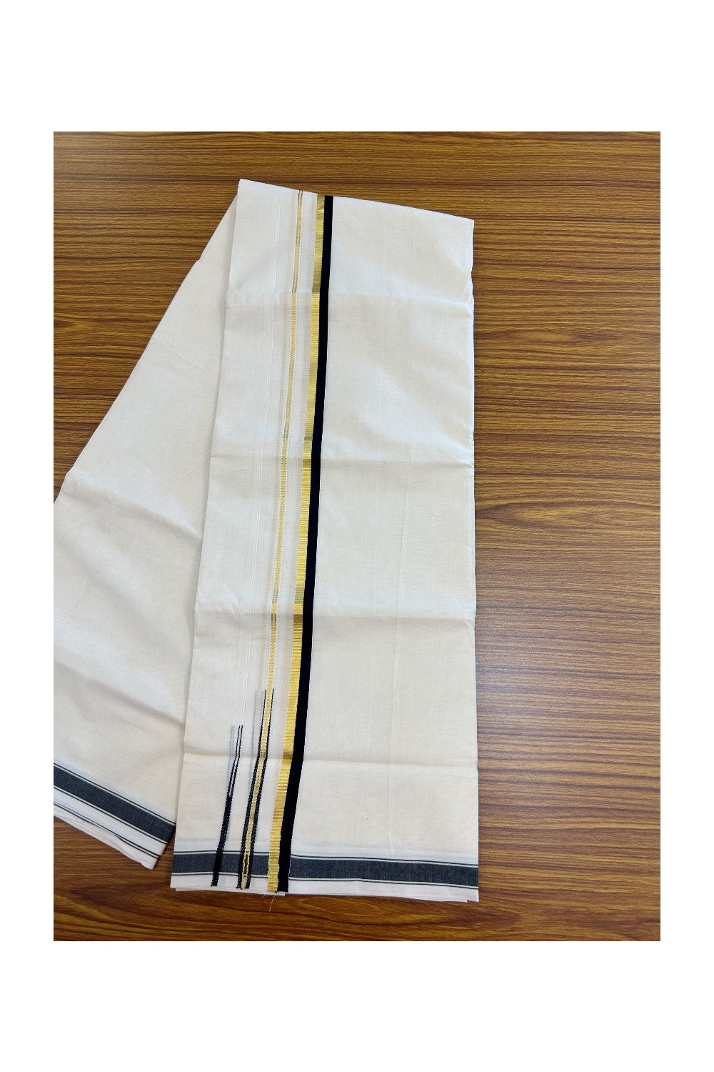 20% DISCOUNT !! KaithariKada Balaramapuram 100% Pure Cotton Double Off white - (Unbleached) Mundu/Dhoti-100x80 - 0.75 inch Puliyilakkara Gold Kasavu & Black Double Chutty Kara - 21KK5186CKS