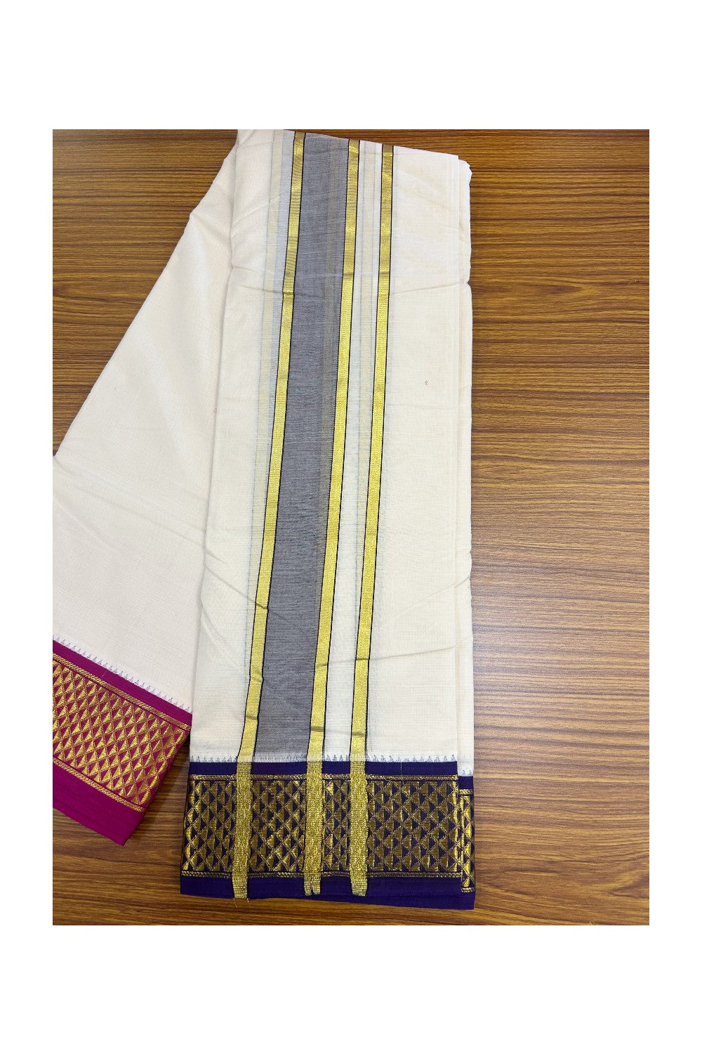 20% DISCOUNT! KaithariKada 100% Cotton Off White - (Unbleached) 100x100 thread - NORTH INDIAN- ATTACHED GAMCHA 9X5 Dhoti 2.75 inch Dark Brown kara with Magenta & Deep Violet Kasavu border - 21KK5196PMC