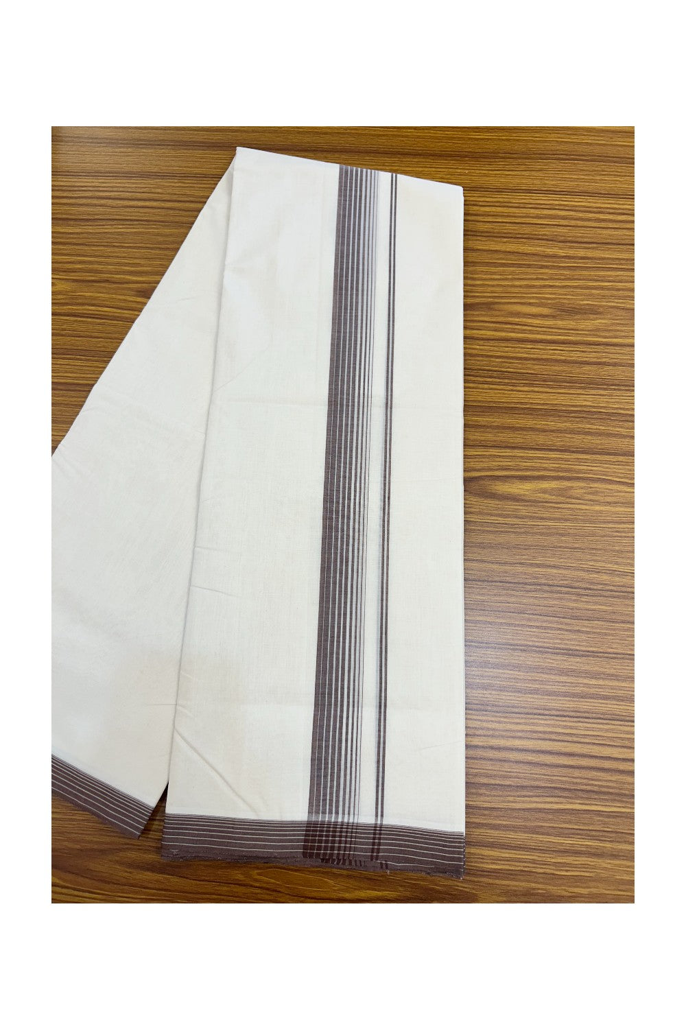 25% DISCOUNT!! KaithariKada HANDLOOM UNAKKUPAAV Balaramapuram - 100% PURE Cotton OFF White - (Unbleached) Double Mundu/Dothi - 80X100 - 1.5 inch Brown Striped Kara 3.80 meter (8.5 Muzham) - 21KK5209 REA