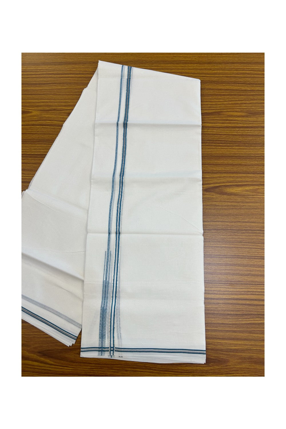 20% Discount !! KaithariKada Balaramapuram Double PURE WHITE Mundu/Dhoti- 100x80 - 1 cm Silver Kasavu Blue Green & Black shaded Puliyilakkara Chutty - 21KK5217 CKS