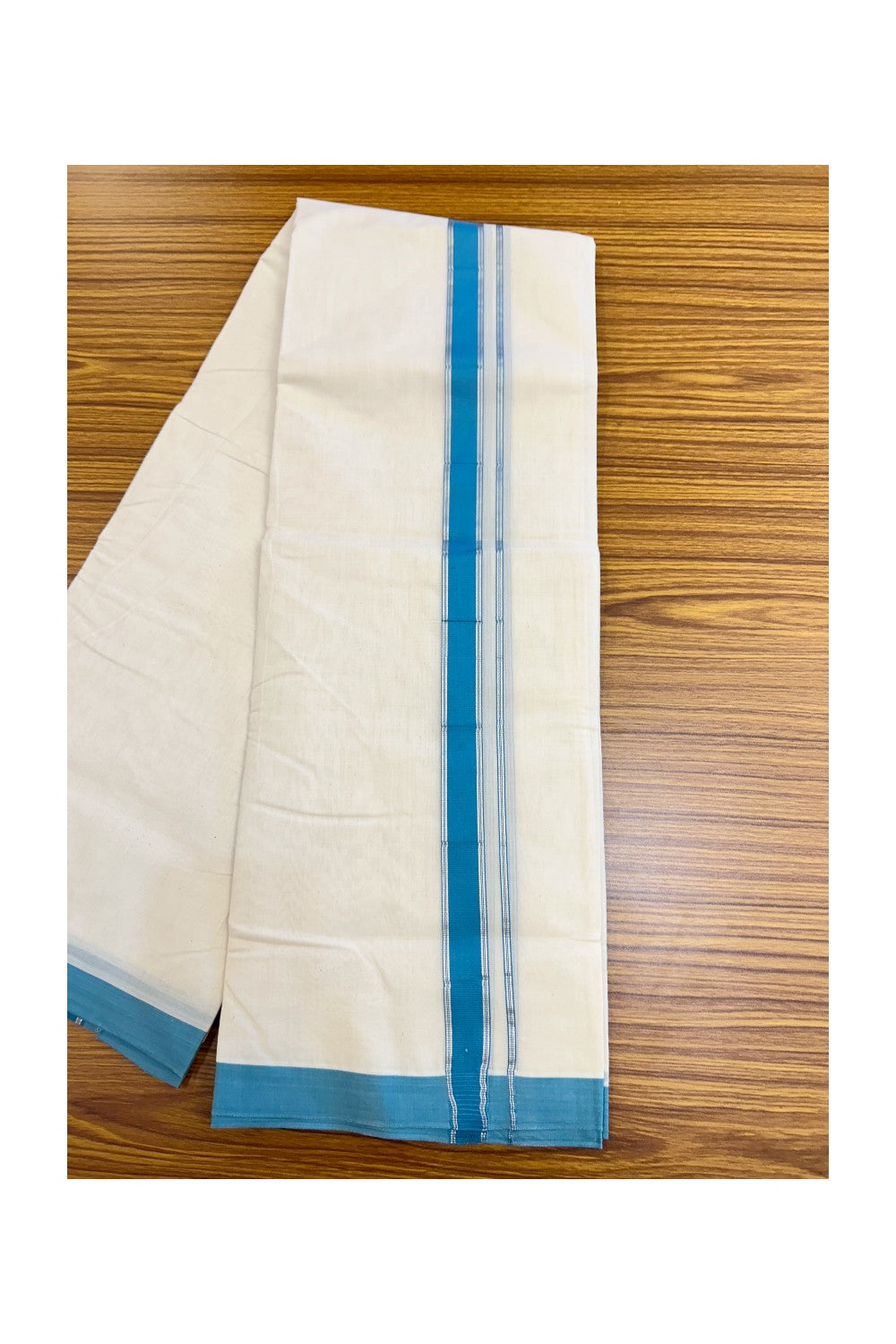 NEW !! 20% DISCOUNT!! KaithariKada Balaramapuram 100% Cotton Double Off white - (Unbleached) Mundu/Dhoti-100x80 - 1 inch Silver Kasavu & Teal Blue Striped KARA - 3.75 mtr (8 Muzham) - 21KK5218 ASH