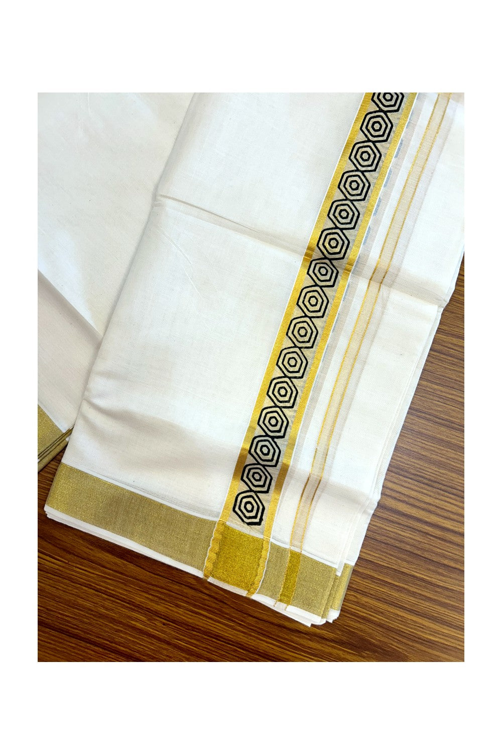 22% Discount!! KaithariKada Balaramapuram 100% Cotton DOUBLE OFF WHITE - (Ubleached) Mundu/Dhoti - 80x90 - 1.5 inch Gold Kasavu with Black Printed Design Kara - 21KK5219 GAN