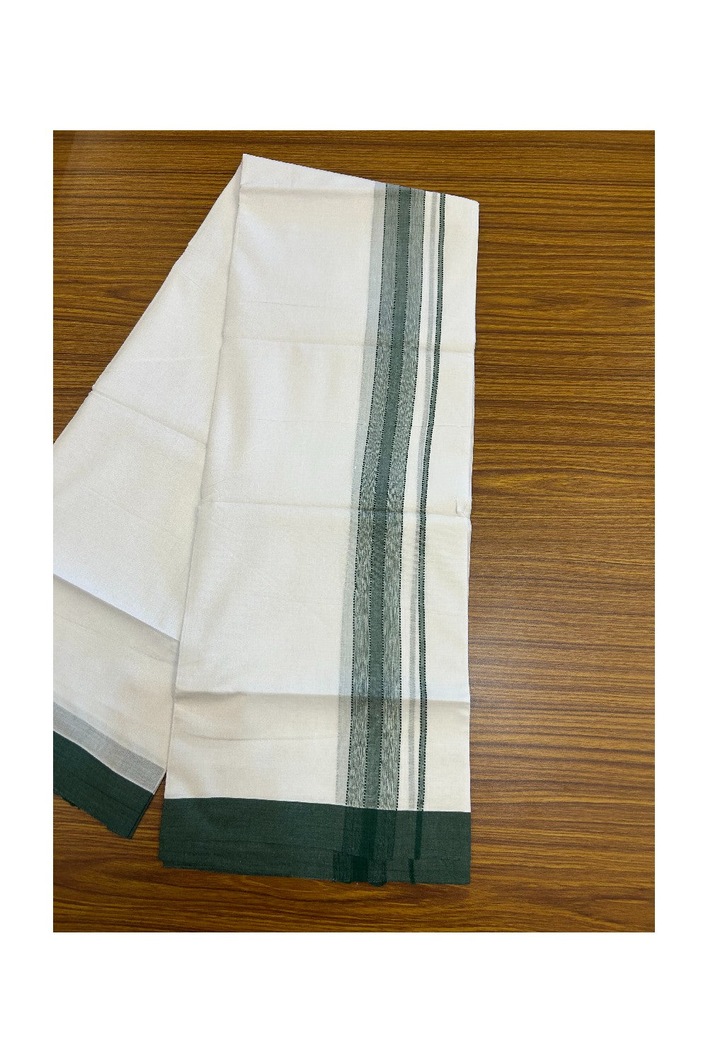 20% DISCOUNT! KaithariKada Balaramapuram 100% Cotton Double Pure white Mundu/Dhoti- 100x80 - 1.5 inch Green Shaded Striped Kara - 3.78mtr ( 8 muzham) - 21KK5227 PMC