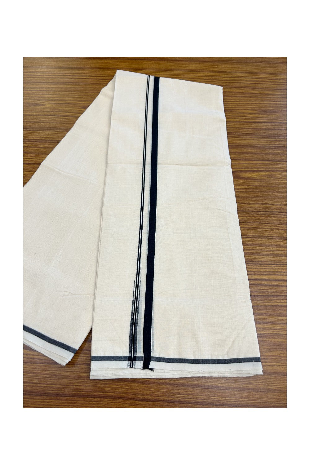 25% Discount KaithariKada HANDLOOM Millpaav Balaramapuram - 100% PURE Cotton OFF WHITE (Unbleached) Double Mundu/Dhoti - 80X90 - Puliyilakkara 1 cm Black Chutty Kara 4 mtr (8.5 muzham)- 21KK5234 RAM