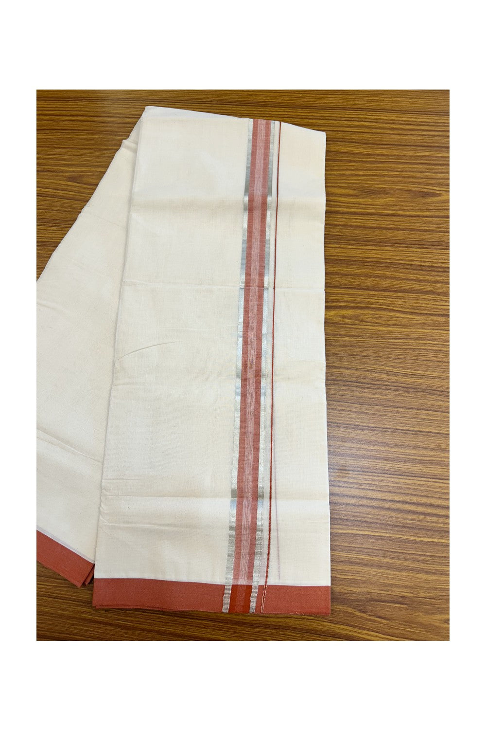 25% Discount! KaithariKada HANDLOOM MILLPAAV Balaramapuram - 100% PURE Cotton OFF WHITE (Unbleached) Double Mundu/Dhoti - 80x90 - 1.5 inch Silver kasavu Rust orange shaded kara 4 Mtr (8.5 Muzham) - 21KK5235 YAR