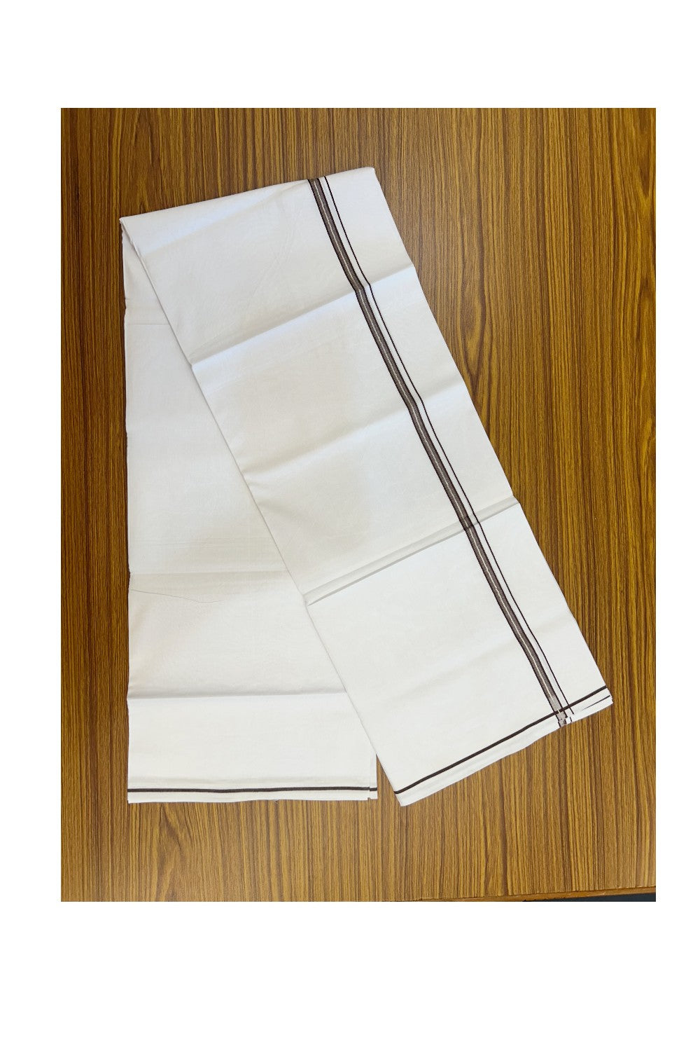 24% Discount !! KaithariKada Balaramapuram 100% Cotton Pure white Single Mundu/Dhoti - Twisted 60s Thread- 1 cm Silver Kasavu & Brown Kara (2 meter / 4 muzham) - 21KK5241 GL