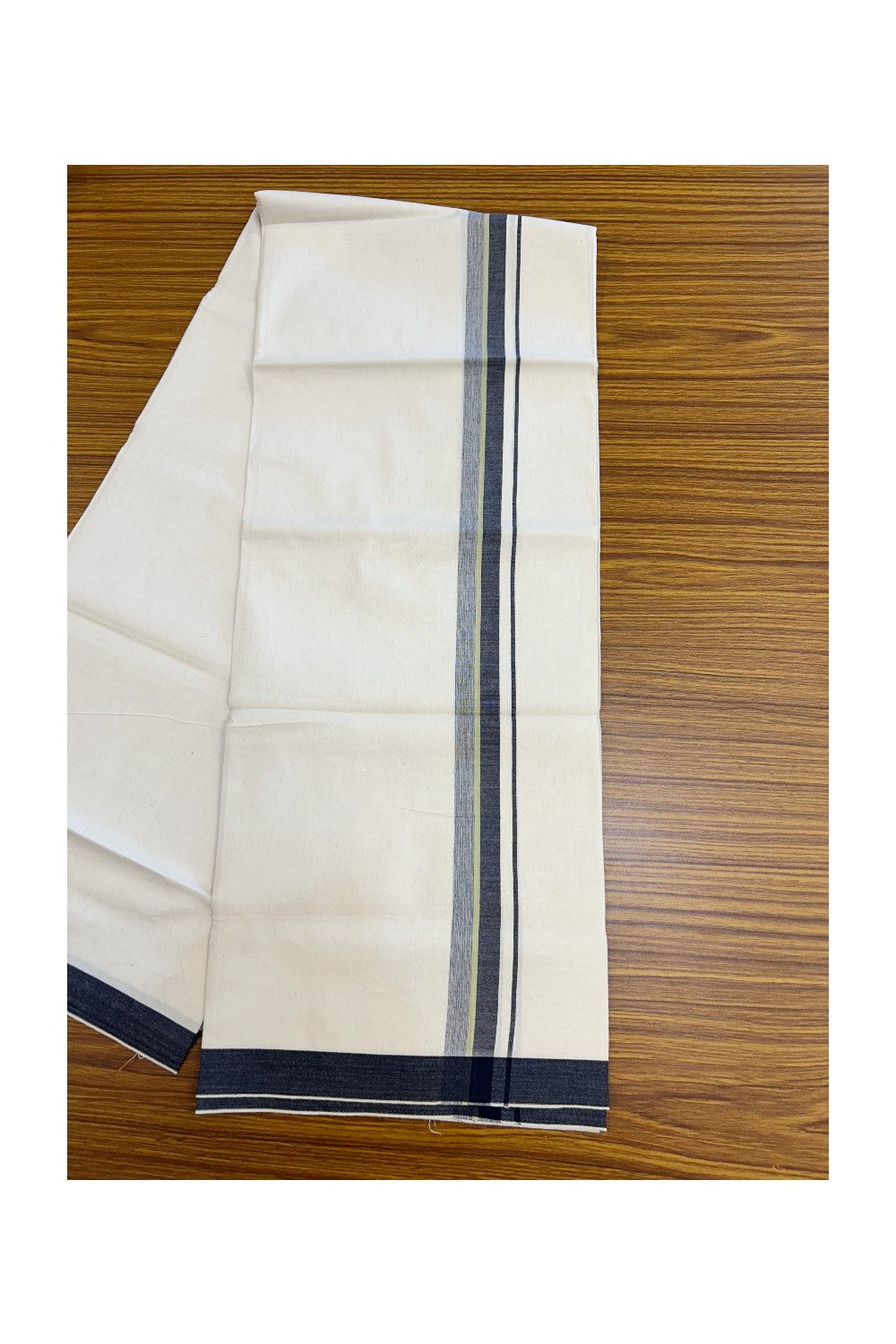 24% Discount !! KaithariKada Balaramapuram 100% Cotton OFF WHITE (Unbleached) Single Mundu/Dhoti - Twisted 60s Thread - 1 inch Navy Blue & White shaded Light Yellow green striped Kara (2 meter / 4 muzham) - 50KK5241 GL