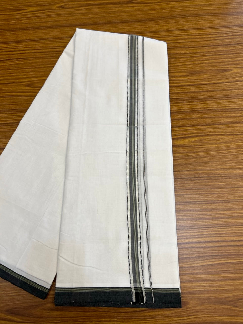 25% Discount!! NEW ULTRA PURE WHITE HANDLOOM Balaramapuram - 100% MERCERISED Cotton Double Mundu/Dhoti - 120 twisted warp x 80s weft - Green Black Silver Kasav Kara- 21KK5248 REA