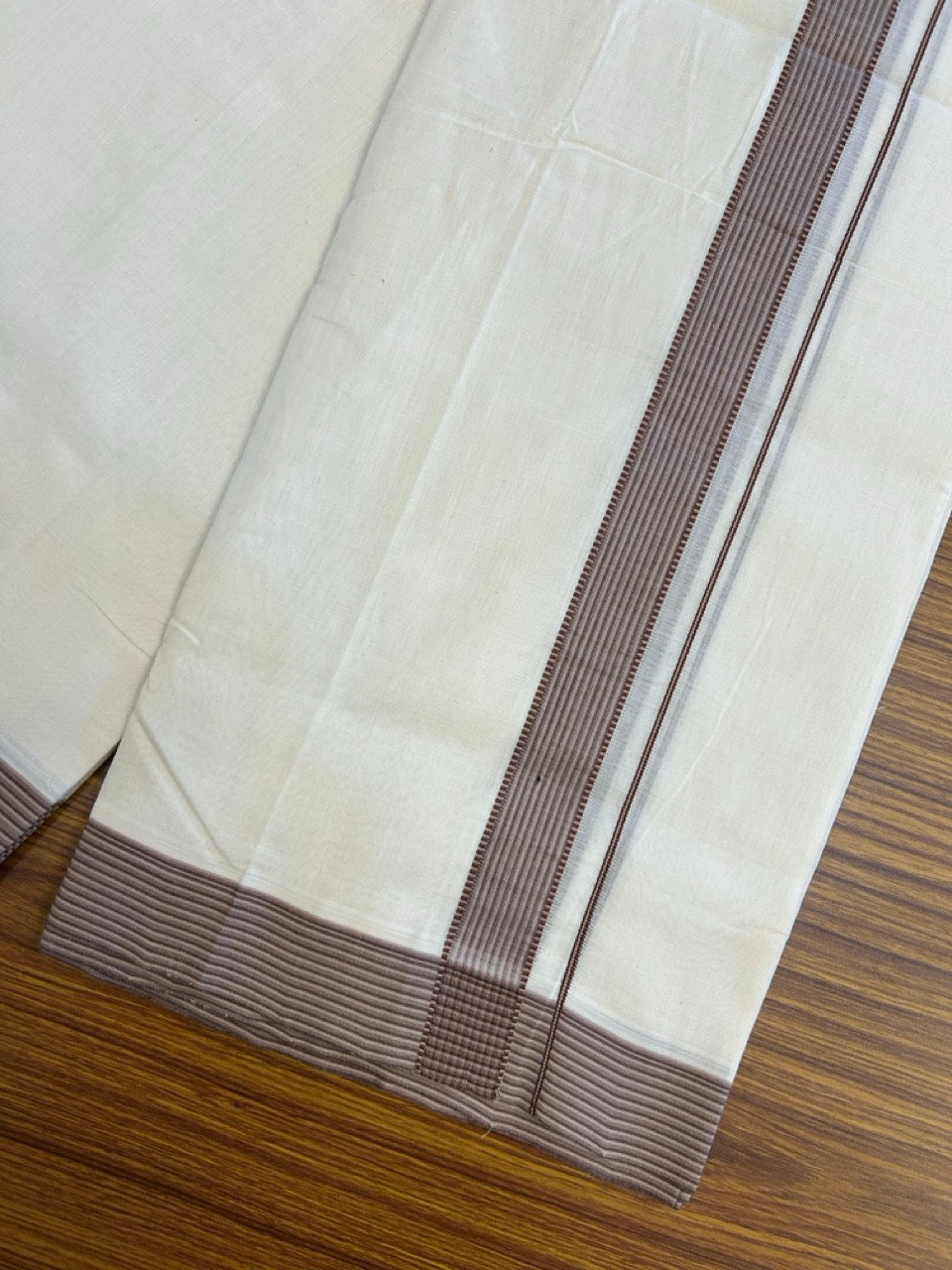 25% Discount! KaithariKada HANDLOOM UNAKKUPAAV Balaramapuram - 100% PURE Cotton OFF White - (Unbleached) Double Mundu/Dothi - 100 x 80 - 1.25 inch Brown Cream Violet Tint Stripes 3.80 meter (8.5 mulam) - 21 KK5249 REA
