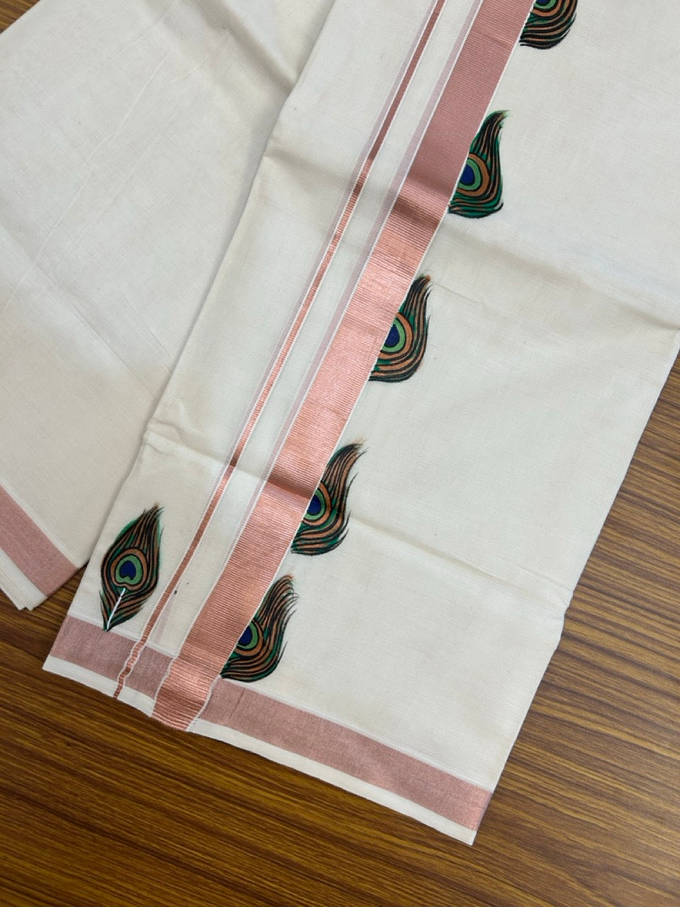 24% Discount! KaithariKada 100% Cotton Double Off white - (Ubleached) Mundu / Dhoti - 100x80 1 inch Copper Silver Kasavu & Hand Painted Peacock - 21 KK5259 CKS
