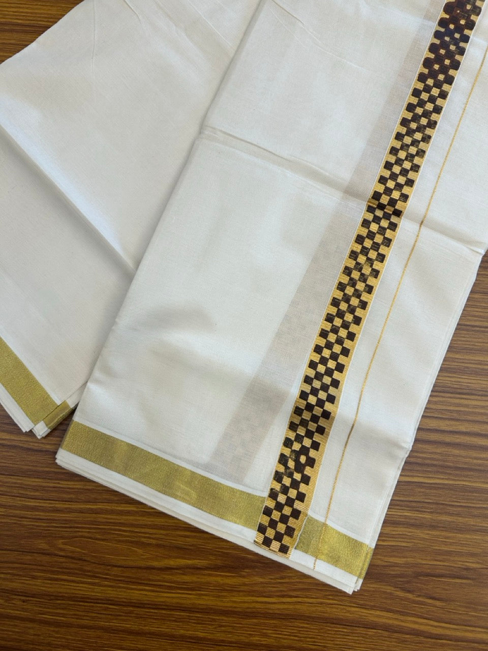 KaithariKada 100% Cotton Double Off White - (Ubleached) Mundu/Dhoti - 80x80 - 1 inch Gold Kasavu & Brown Tribal Printed Design Kara - 4 mtr (8 muzham)- 21 KK5262 STH