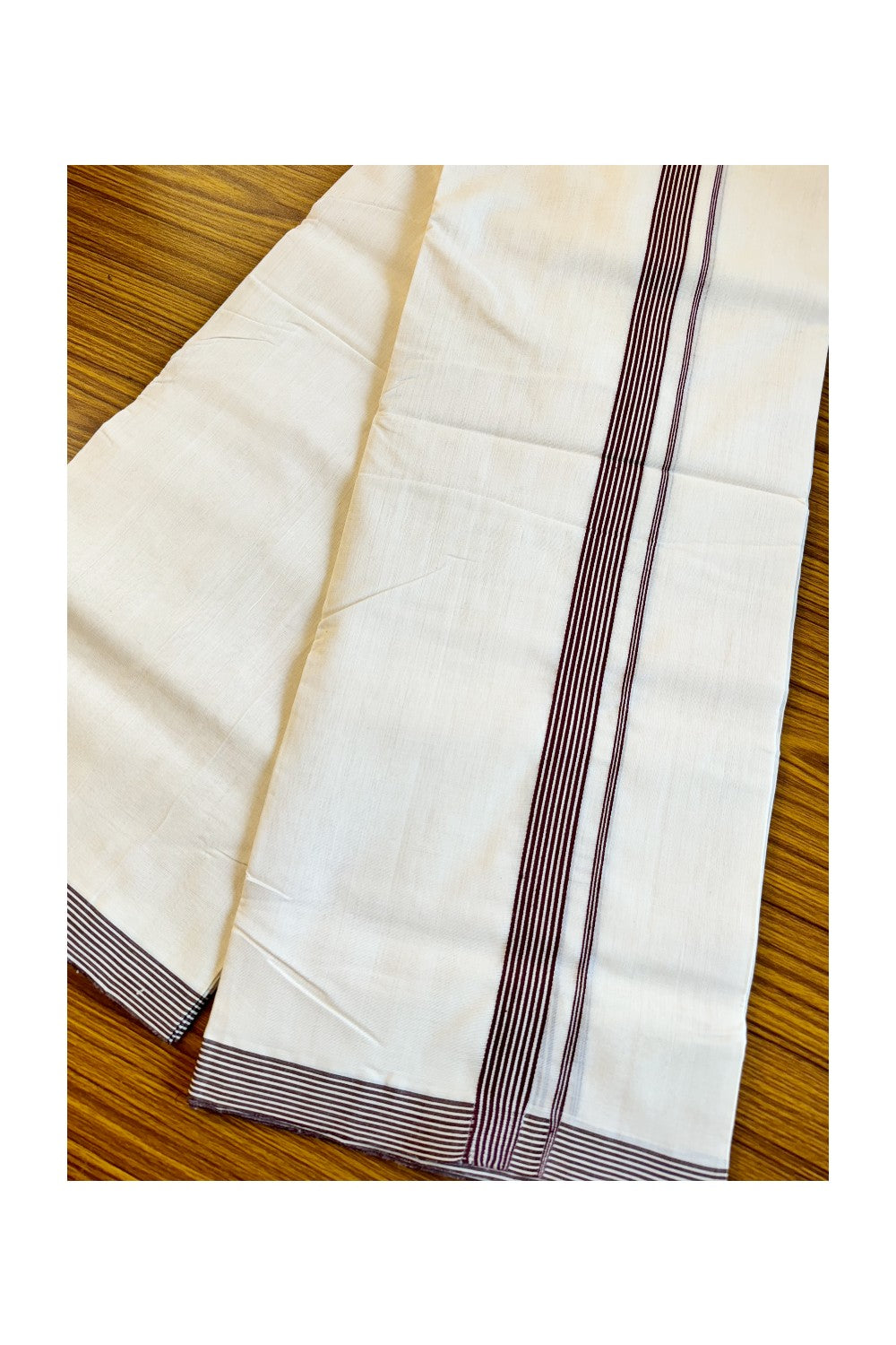 30% DISCOUNT!! KaithariKada HANDLOOM Unakkupaavu Balaramapuram - 100% PURE Cotton OFF White (Unbleached) Double Mundu/Dothi - MAROON Striped 1 inch Kara- KK46SOM-21.