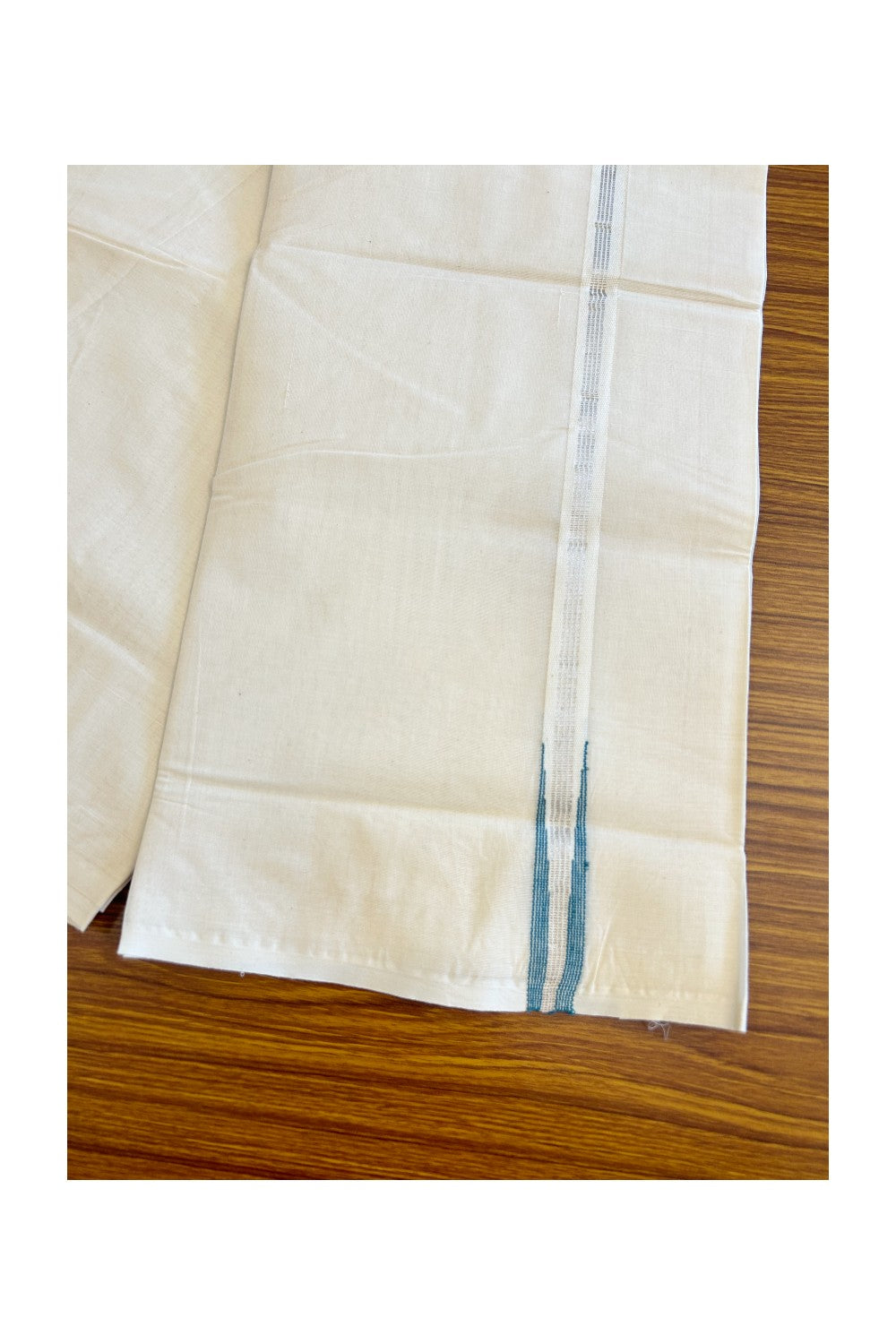 19% Discount KaithariKada Balaramapuram 100% Cotton Off White Double -(Unbleached) Mundu/Dhoti - 100x100 - 2 cm Puliyilakkara Chutty stripes Silver Kasavu & Peacock Blue Kara - 5