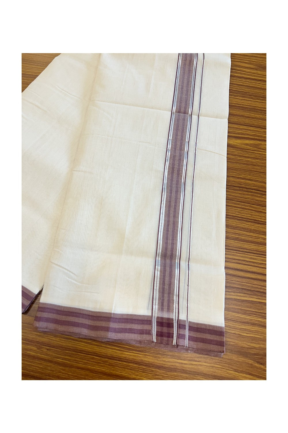 25% Discount!!! KaithariKada HANDLOOM UNAKKUPAAV Balaramapuram - 100% PURE Cotton off white Double - (Unbleached) Mundu/Dhoti - 2 inch Silver kasavu Brown striped kara - 20KK5049REA