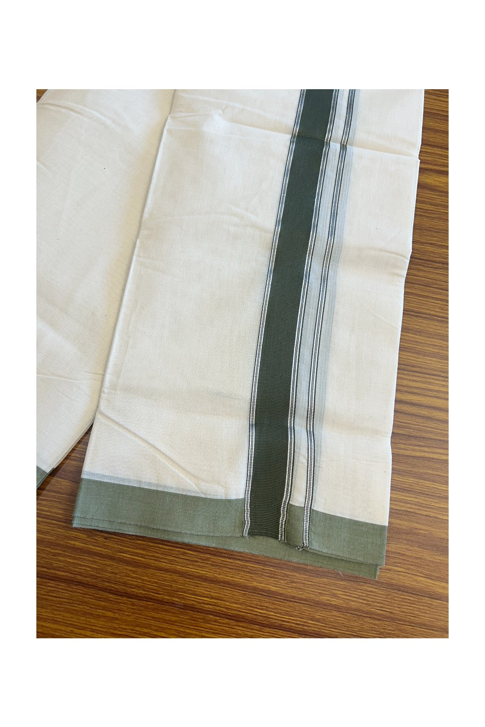 20%Discount KaithariKada Balaramapuram 100% Cotton Double Off white - (Unbleached) - Mundu/Dhoti-100x80 - 2 inch Silver Kasavu & Dark Green Kara 3.75 mtr (8 Muzham)- 111