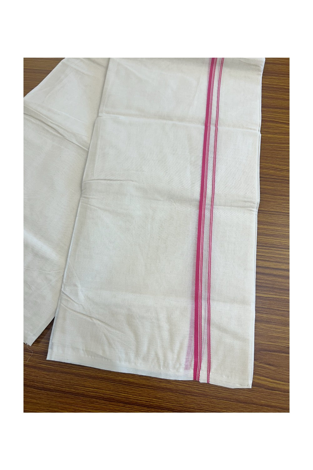 20% Discount ! KaithariKada Balaramapuram 100% Cotton Double Off white (Unbleached) Mundu/Dhoti-100X100- Dark Pink & Stripes 1.cm Kara.- 15/1123ASH011.1
