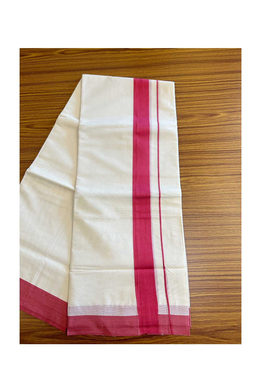10% Discount! KaithariKada Balaramapuram 100% Cotton Double Off white -(Unbleached) - Mundu/Dhoti-100X100- 2.5 inch Peach Red Kara- 74.