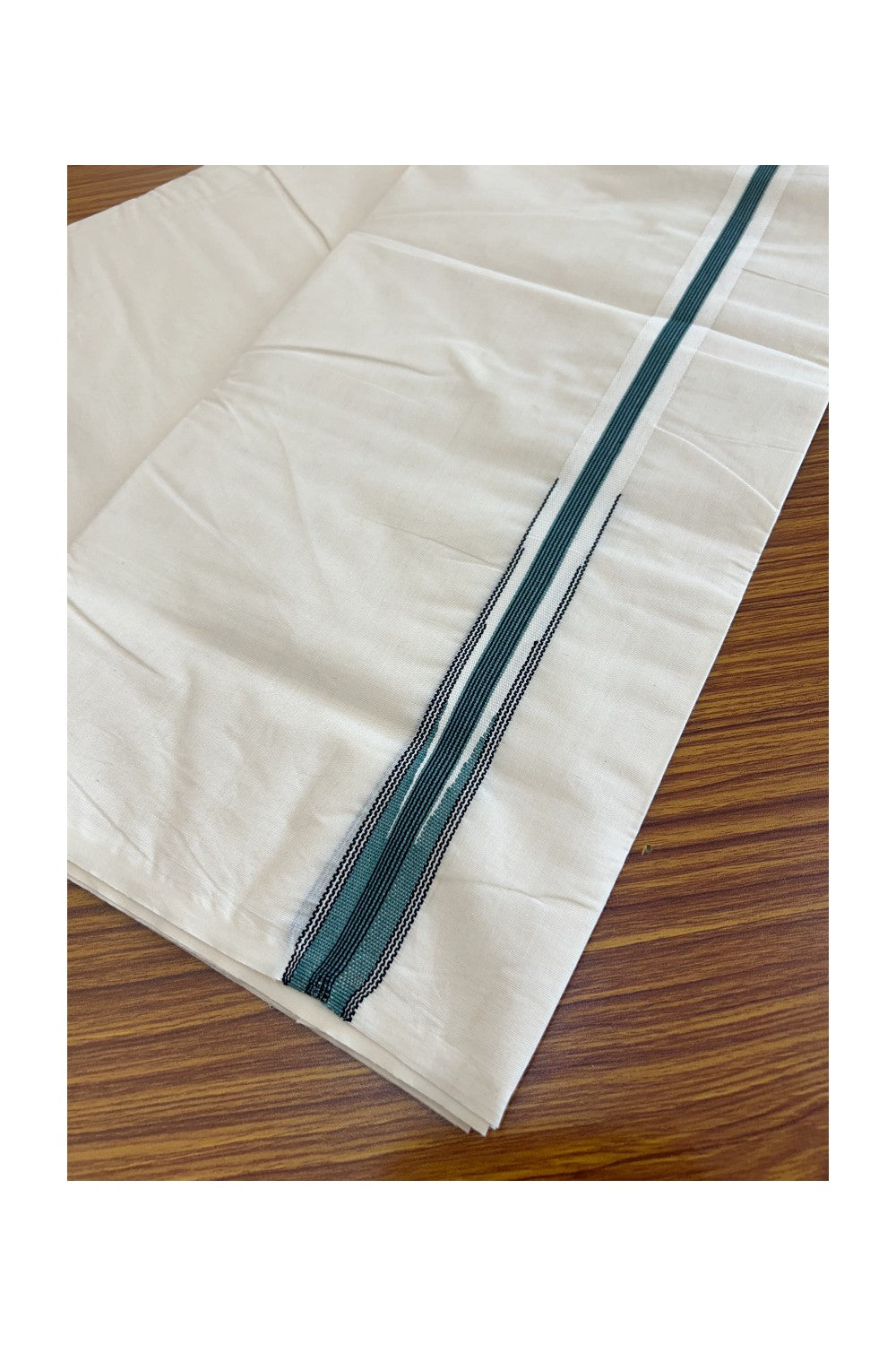 SHORT DHOTI SPECIAL! Kaitharikada.com - 19% Discount! Balaramapuram Double Off white - (Unbleached) Mundu/Dhoti - 100X100 - 1 inch Kara & 45 inches Height  Puliyilakkara Teal green & Black Striped Chutty Kara - 23KK5120ASH