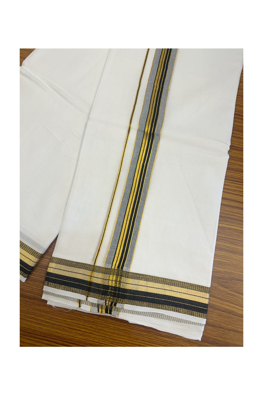 16% DISCOUNT! KaithariKada Balaramapuram 100% Mercerised Cotton Double ULTRA PURE white Mundu/Dhoti - 100x100 1.25 inch Black & Kasavu stripes Kara - 21KK5135GAN