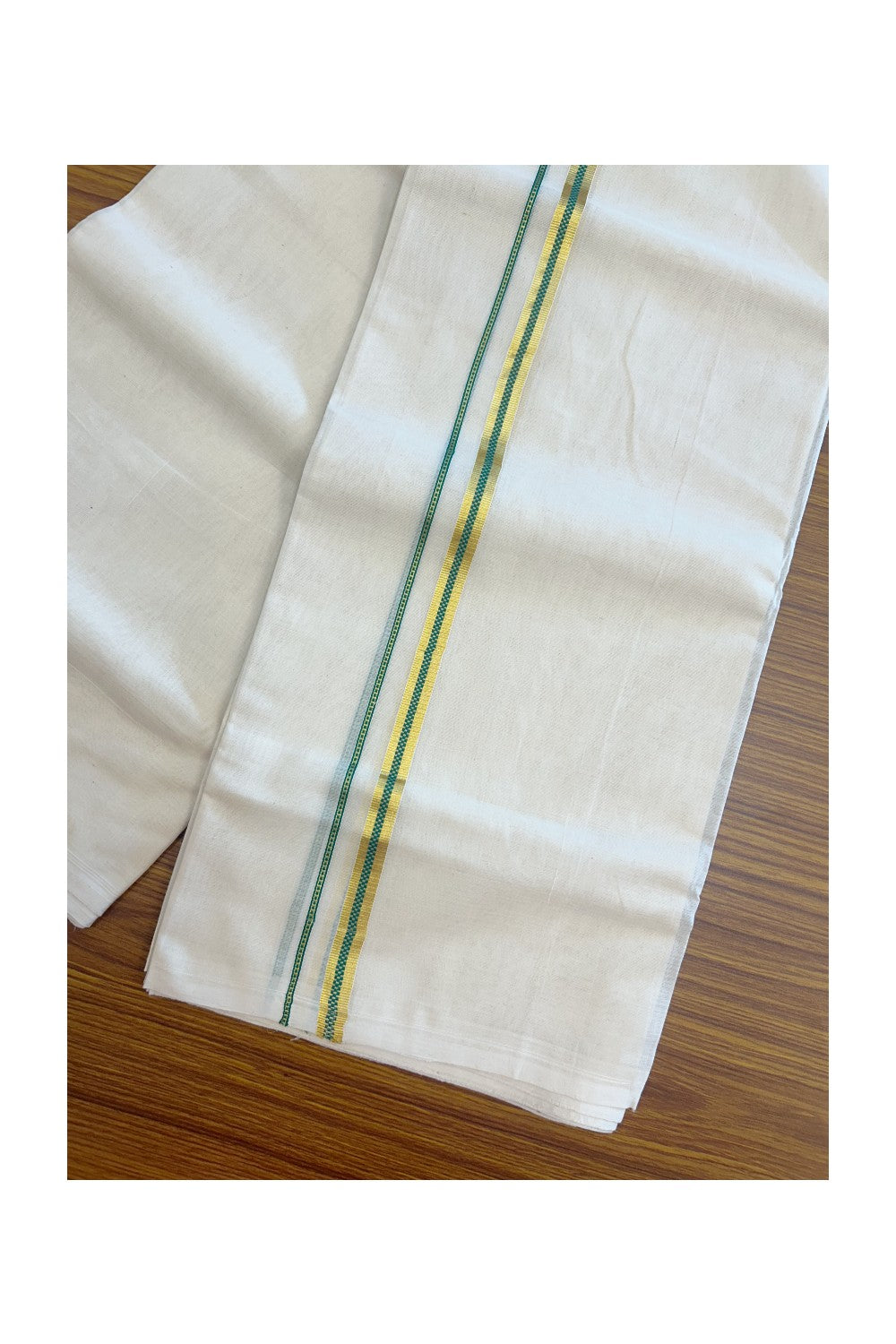 25% DISCOUNT! KaithariKada BALARAMAPURAM HANDLOOM UNAKKUPAAV - 100% PURE Cotton Off white (Unbleached) Double Mundu/Dhoti - 0.5 inch Gold Kasavu & Muthukkuri Green Kara (8 Muzham) - 7KK5161SOM