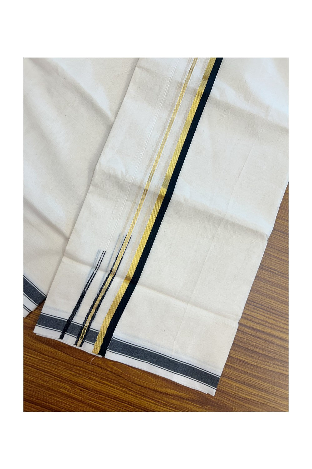 20% DISCOUNT !! KaithariKada Balaramapuram 100% Pure Cotton Double Off white - (Unbleached) Mundu/Dhoti-100x80 - 0.75 inch Puliyilakkara Gold Kasavu & Black Double Chutty Kara - 21KK5186CKS