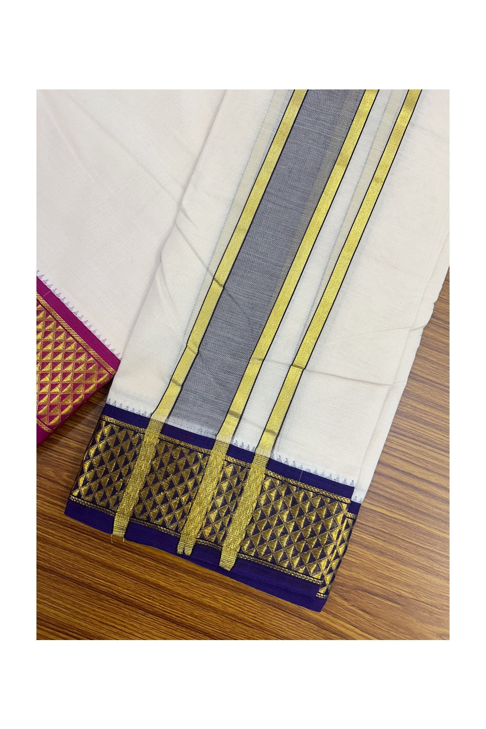 Panchakacham Dhoti - 20% DISCOUNT! KaithariKada 100% Cotton Off White - (Unbleached) 100x100 thread - NORTH INDIAN- ATTACHED GAMCHA 9X5 Dhoti 2.75 inch Dark Brown kara with Magenta & Deep Violet Kasavu border - 21KK5196PMC