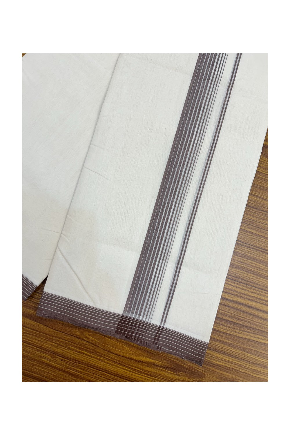 25% DISCOUNT!! KaithariKada HANDLOOM UNAKKUPAAV Balaramapuram - 100% PURE Cotton OFF White - (Unbleached) Double Mundu/Dothi - 80X100 - 1.5 inch Brown Striped Kara 3.80 meter (8.5 Muzham) - 21KK5209 REA