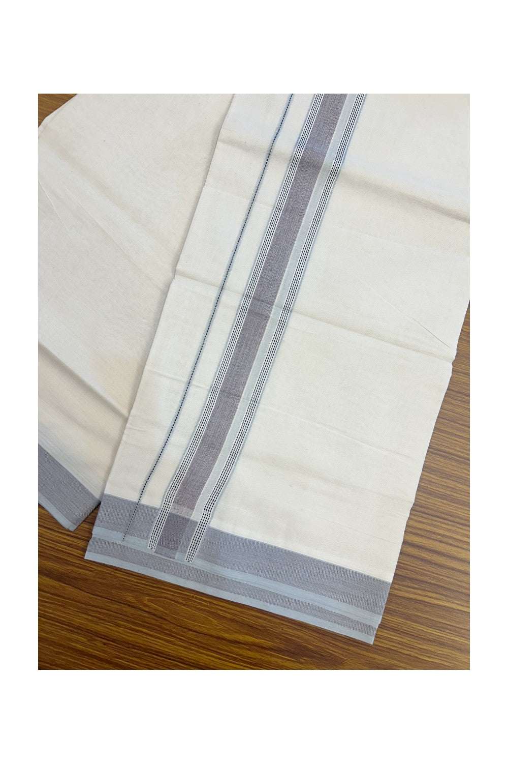 20% DISCOUNT ! KaithariKada Balaramapuram 100% Cotton OFF WHITE (Unbleached) Double Mundu/Dhoti - 100X80 - 1.5 inch Purple, Ash Blue & Black Shaded Designer Kara - 21KK5213 VIN