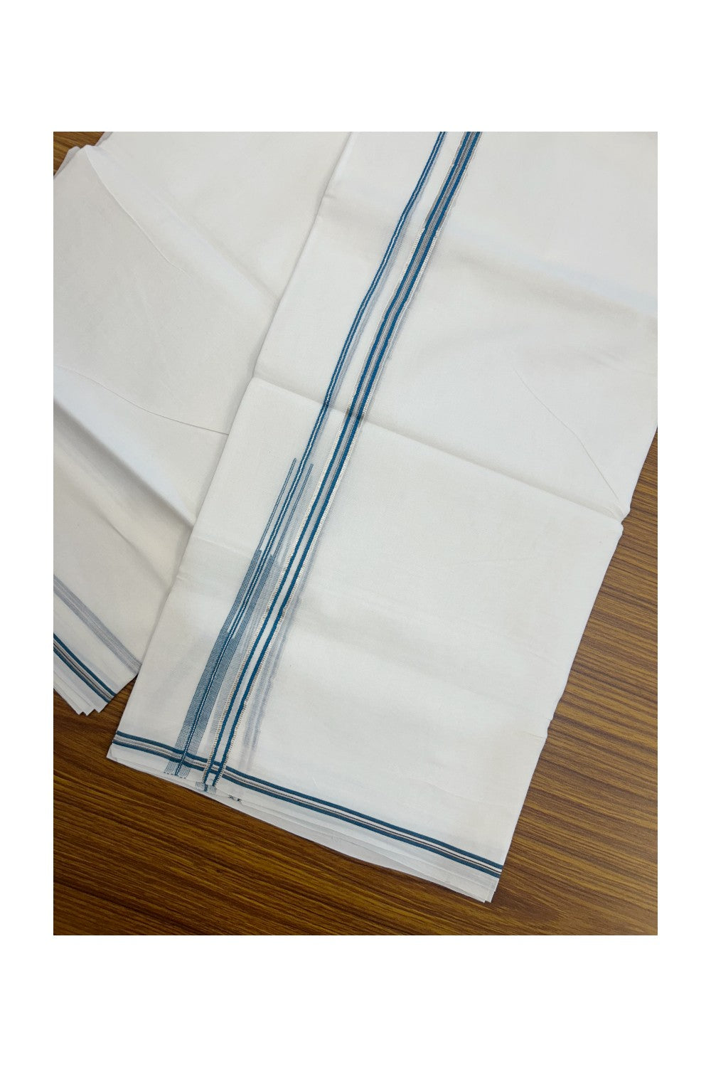 20% Discount !! KaithariKada Balaramapuram Double PURE WHITE Mundu/Dhoti- 100x80 - 1 cm Silver Kasavu Blue Green & Black shaded Puliyilakkara Chutty - 21KK5217 CKS