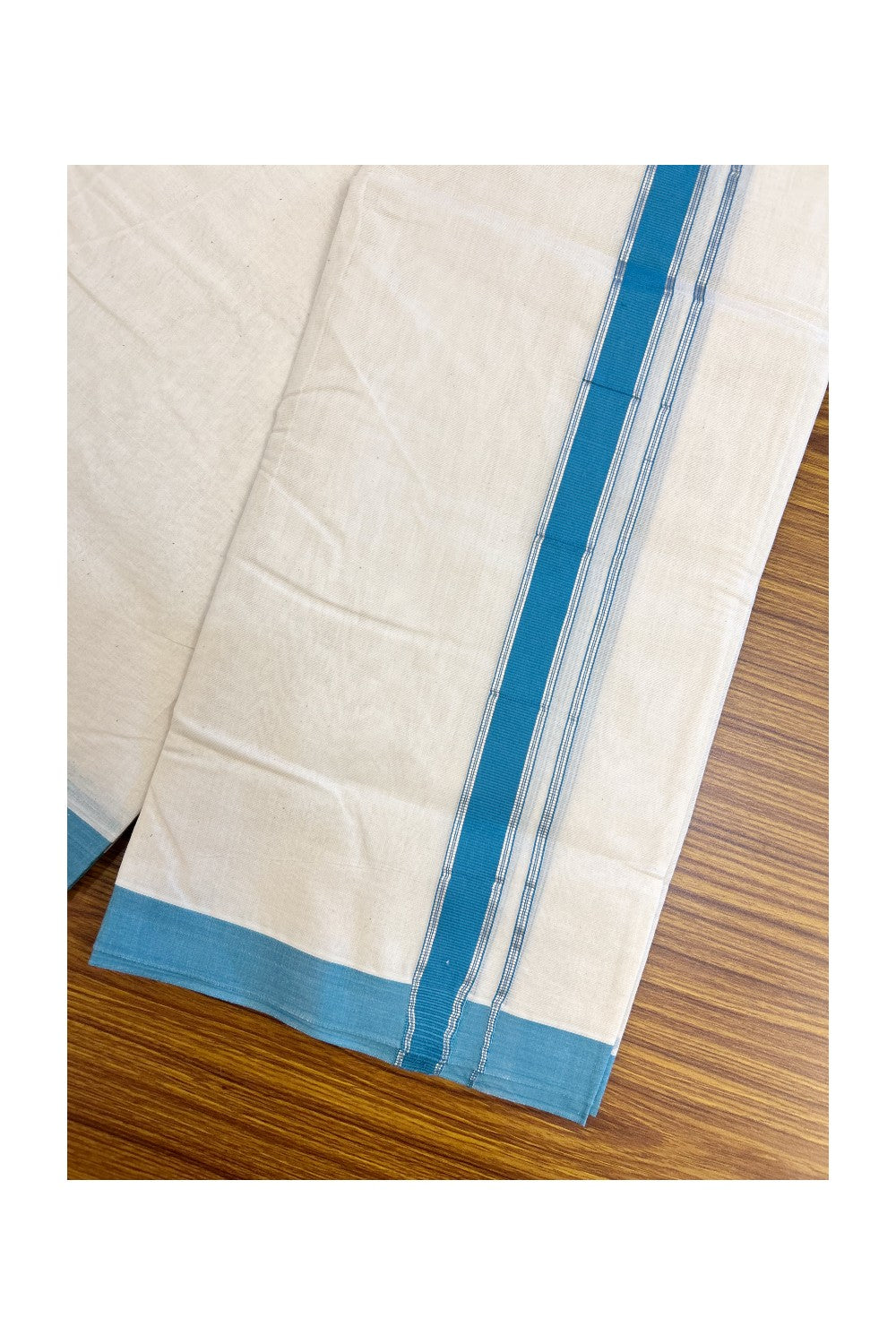 NEW !! 20% DISCOUNT!! KaithariKada Balaramapuram 100% Cotton Double Off white - (Unbleached) Mundu/Dhoti-100x80 - 1 inch Silver Kasavu & Teal Blue Striped KARA - 3.75 mtr (8 Muzham) - 21KK5218 ASH